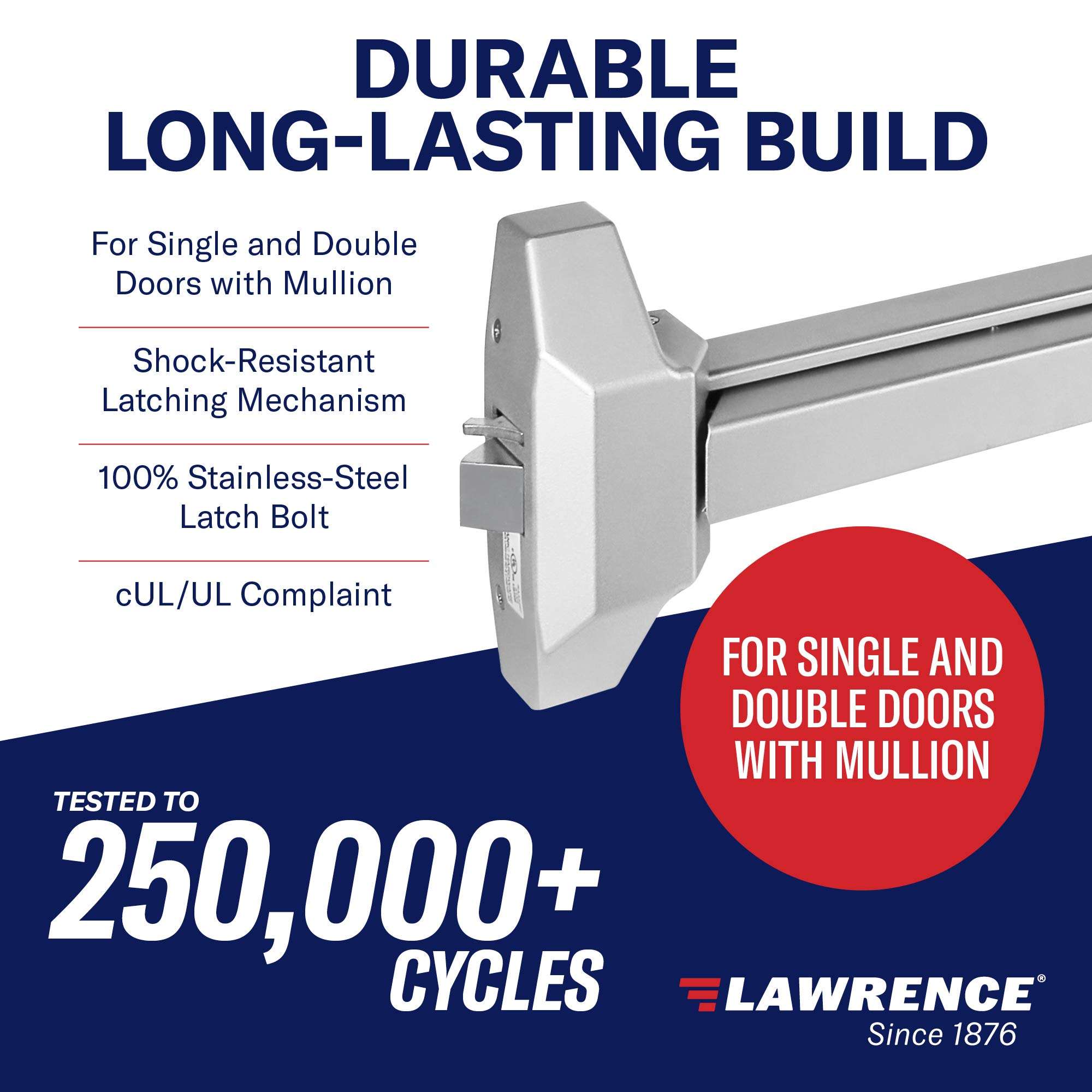 Lawrence Panic Push Bar Exit Device - Medium Duty Grade 2 Stainless Steel Auxiliary Guarded Commercial Door Lock Stopper - Shock Resistant Locking Mechanism for Security, Emergency, Fire 4