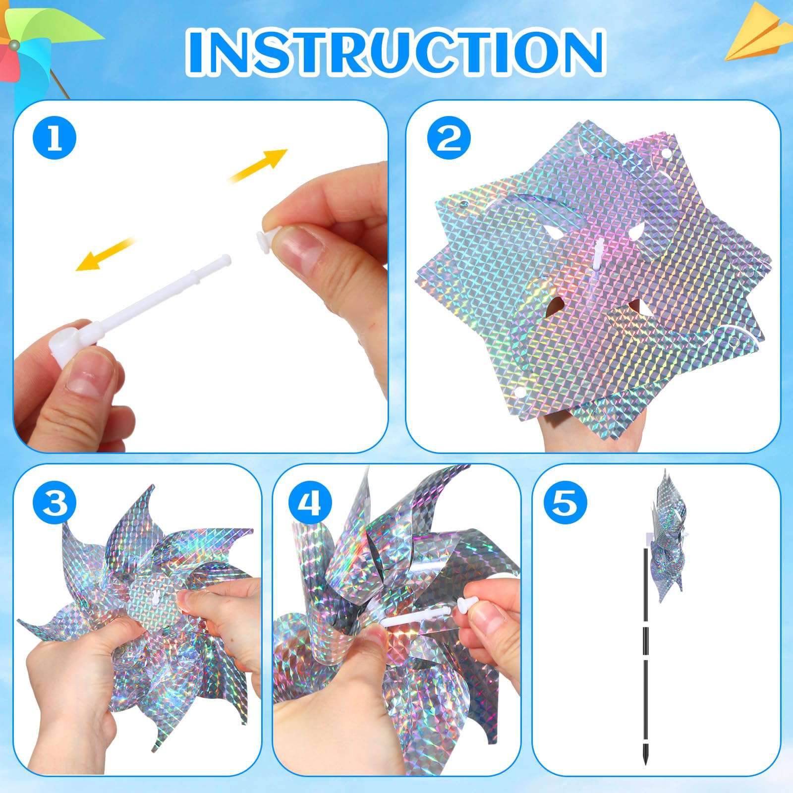 Qualirey 80 Pieces Reflective Pinwheels with Stakes Wind Spinner for Garden Decor Bird Repellent Devices Outdoor Silver Sparkly Windmills to Scare Birds Away from Outside Garden Yard Patio Farm 5