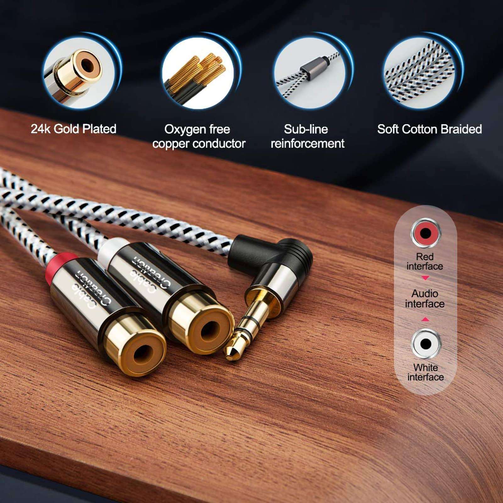 CableCreation 3.5mm to 2RCA Female Cable, Angle 3.5mm Mini-Jack to RCA Stereo Audio Y Cable Gold Plated, Compatible with iPhone,iPod,MP3,Tablets,HiFi Stereo System, Speaker,3FT/0.92M 2