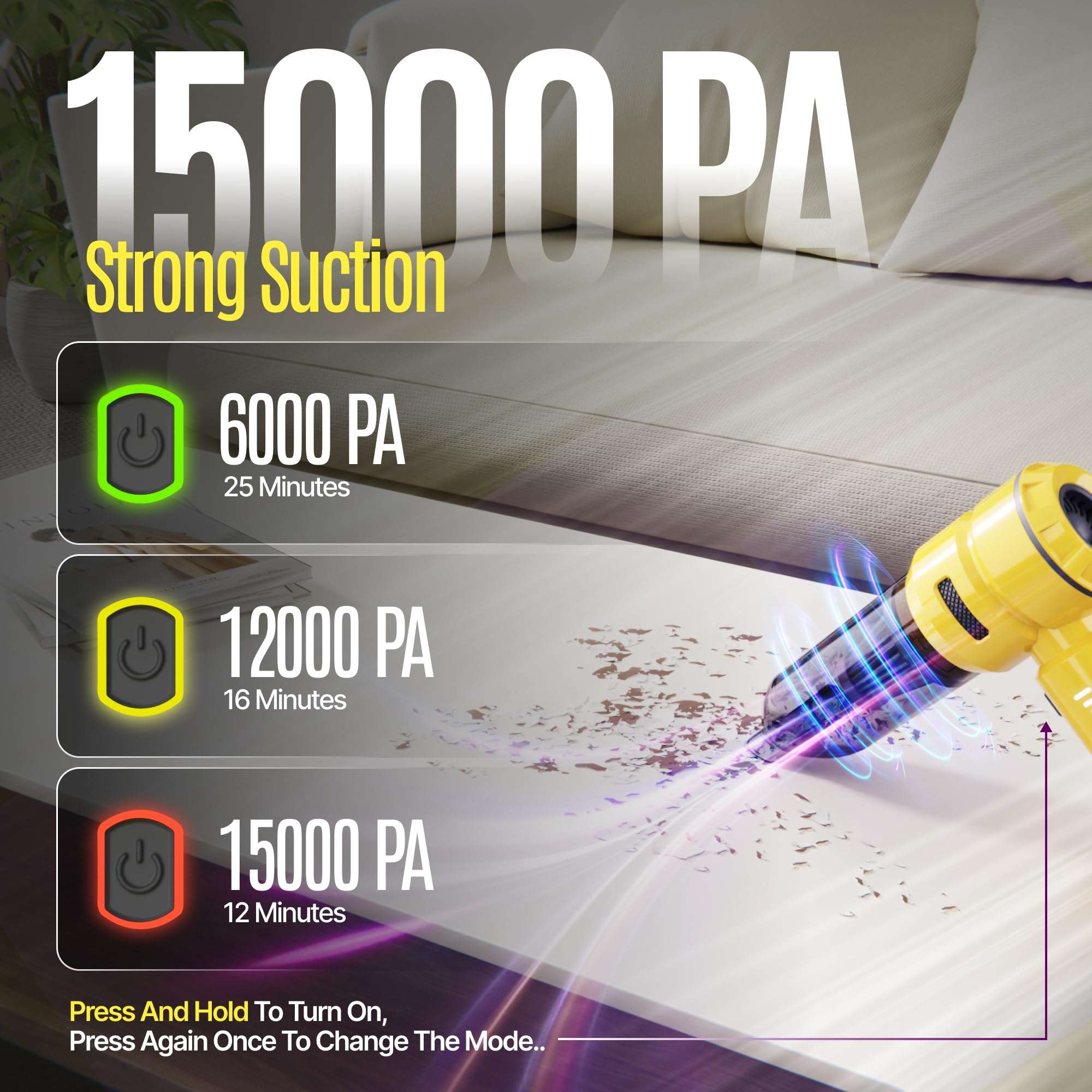 SEZNIK Vacuum Cleaner for Home Use | 4 in 1 Cordless Vacuum Cleaner & Blower | Rechargeable 6000mAh | 3 Speed Suction Upto 15000PA | BLDC Motor | Home & Car Use | 1 Year Warranty 5