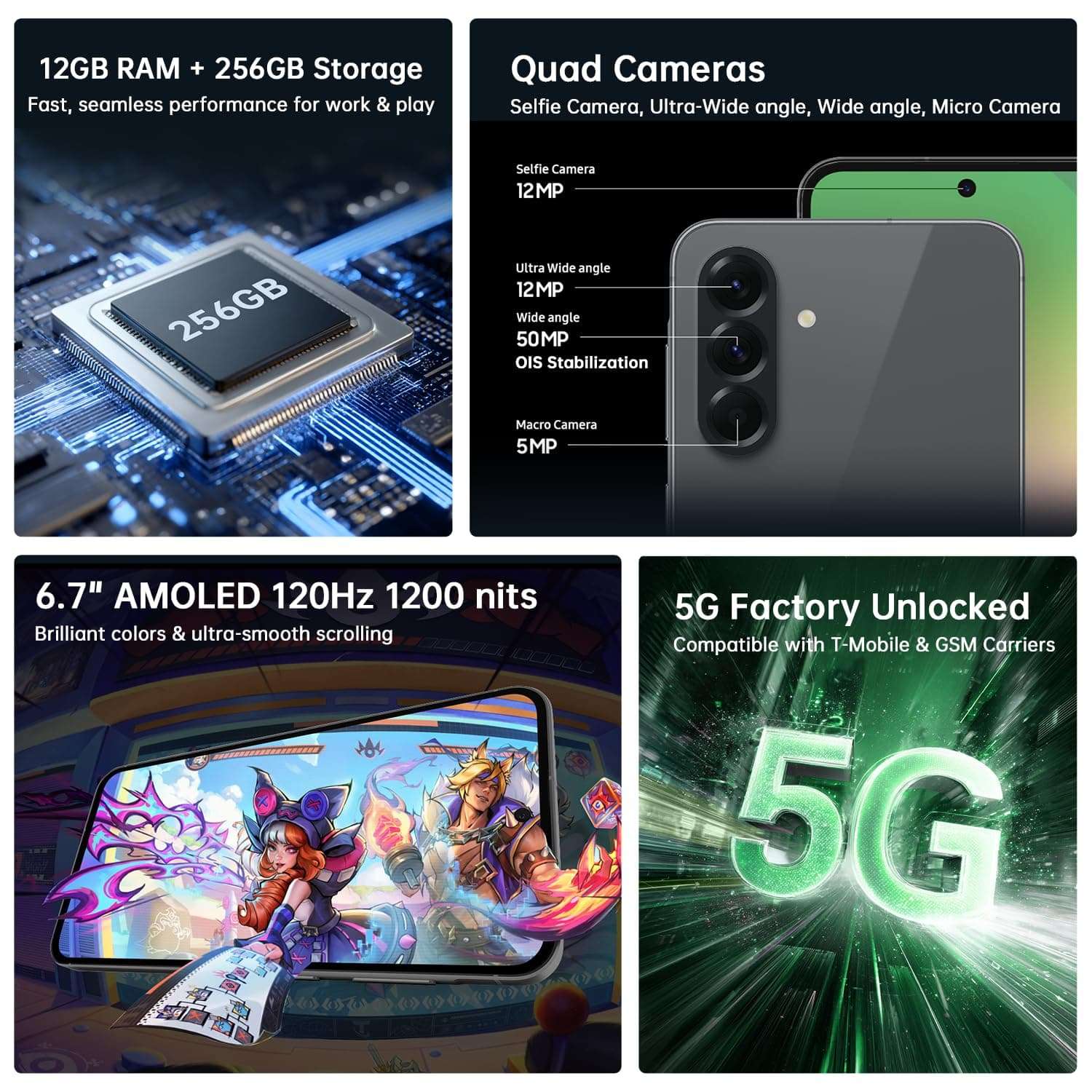 Samsung Galaxy A56 5G – 256GB Olive – International Unlocked – 6.7" 120Hz AMOLED, 50MP Triple Camera, 5000mAh Battery – Works with T-Mobile & AT&T (Verizon Limited) | Includes Fast Charger & Case 3