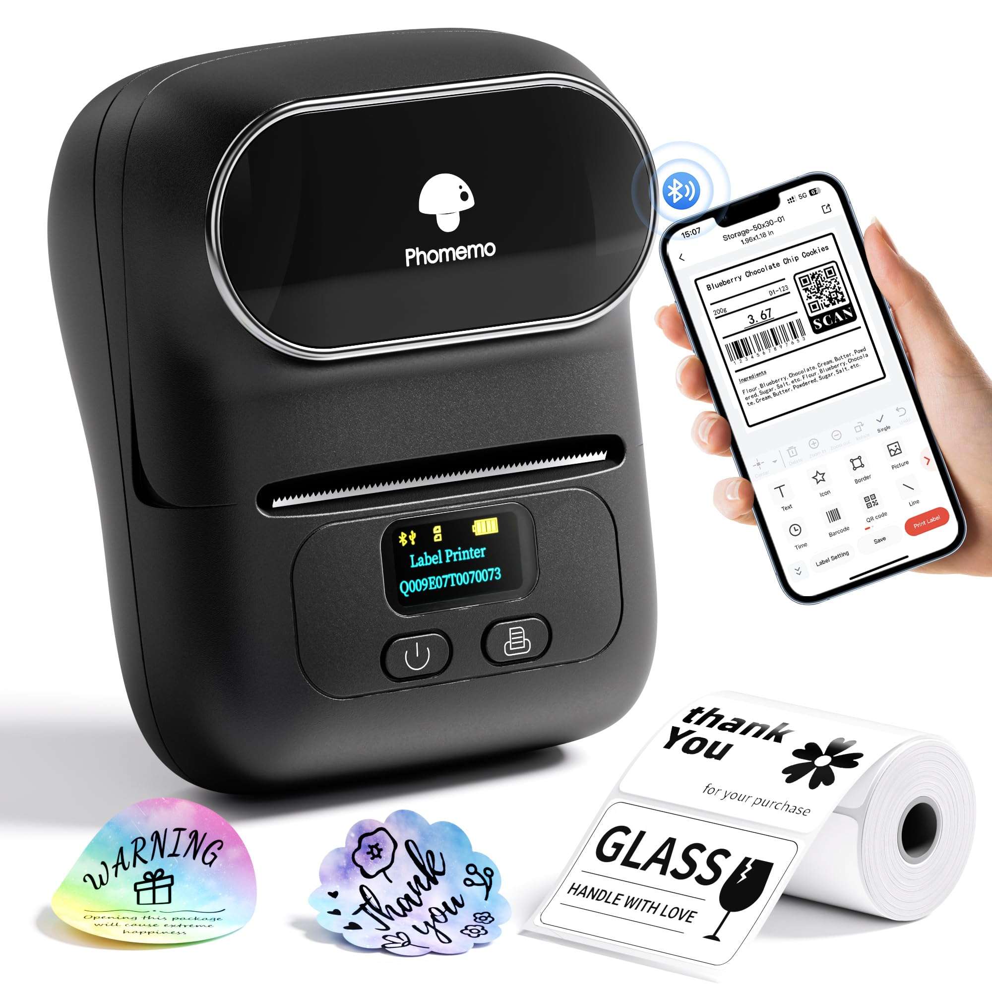 Phomemo M110 Label Makers - Barcode Label Printer Bluetooth Label Maker Portable Thermal Printer for Small Business, Address, Barcode, Logo, Clothing, Mailing, Sticker Printers for Phones & PC, Black 1