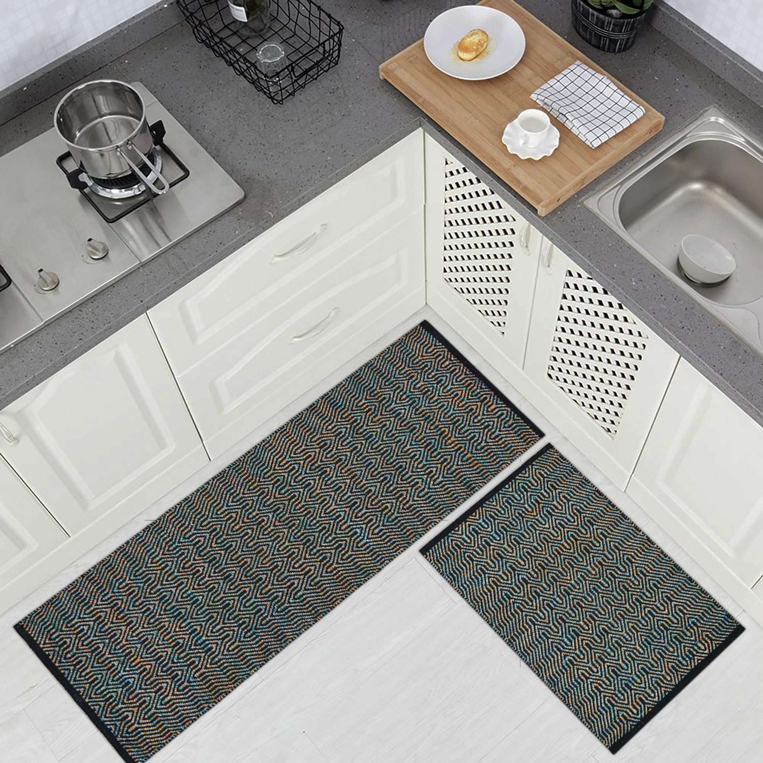 house of handmade™- Anti Slip Kitchen Mat Combo- 2 Pieces (Runner+Mat) Size- 50X140 & 50X80 cm, Handwoven Cotton Floor Rugs, Machine Washable. Black Melange 1
