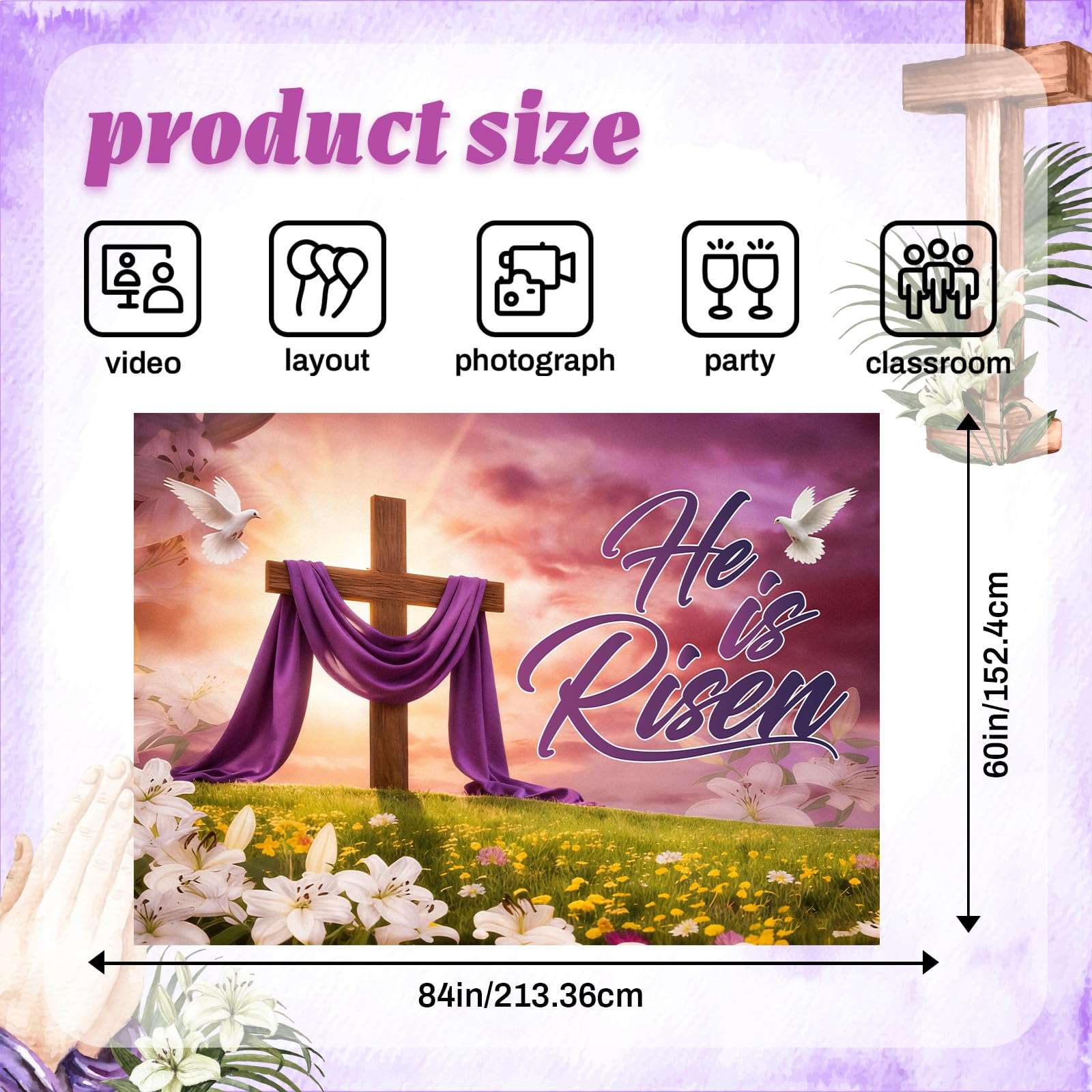 7x5ft Easter Backdrop He is Risen - Christian Religious Photography Background for Church, Sunday School, Easter Photo Booth Decor with Cross, Lilies and Dove 3