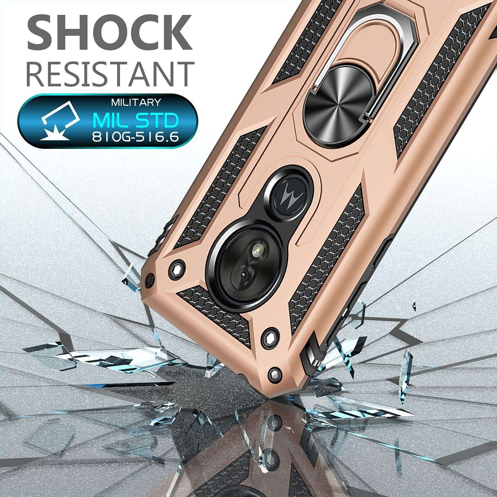 AUPAI Moto G7 Play Case with Glass Screen Protector, Heavy Duty 15ft Drop Tested Shockproof Cover with Magnetic Ring Kickstand,Protective Phone Case for Moto G7 Play Gold 3