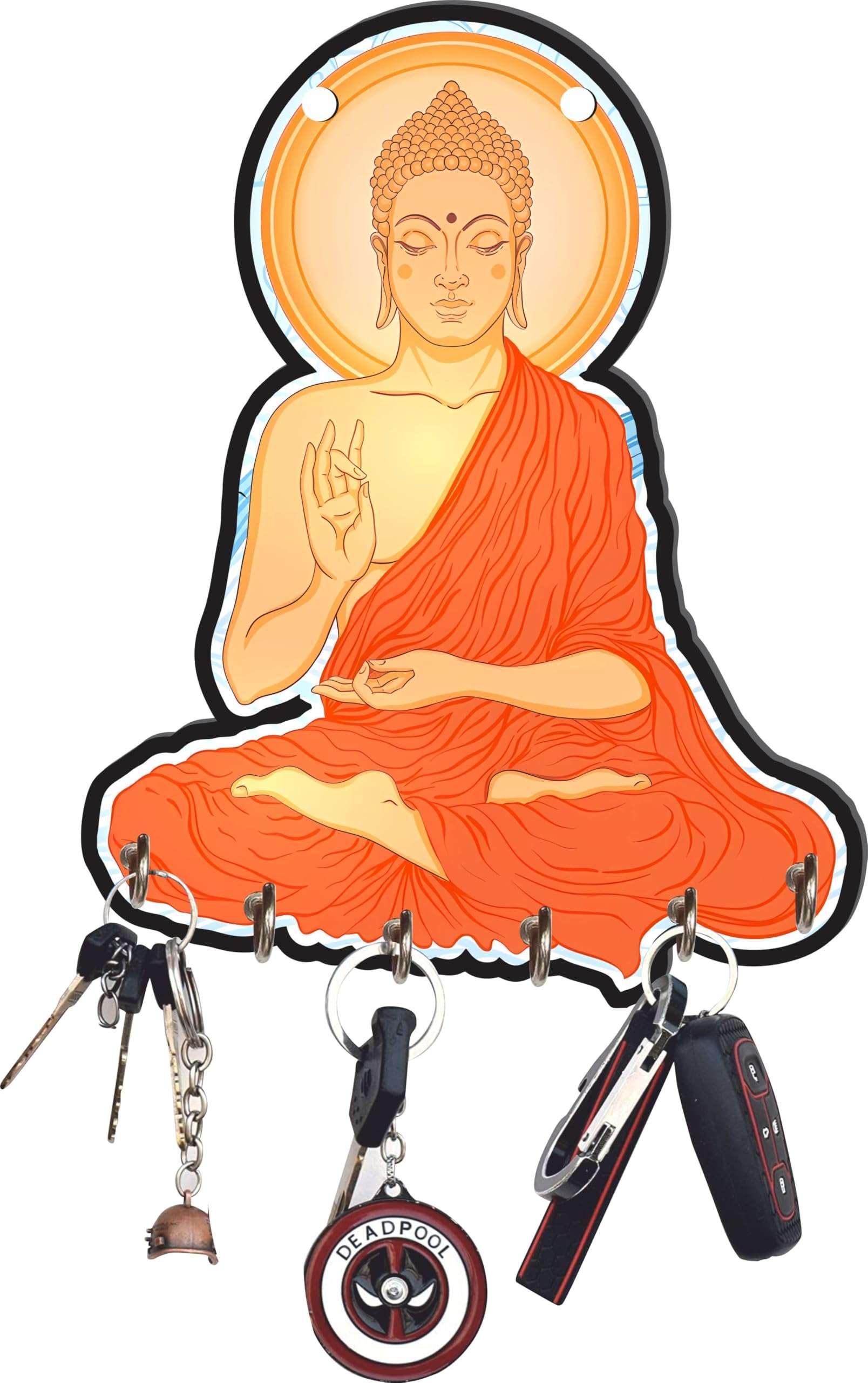 Webelkart Premium Sitting Meditating Gautam Buddha Printed Wooden Key Holder for Home and Office Decor, Keychain Holder for Home- Home Decor Items for Wall (Multi, 9 inches)