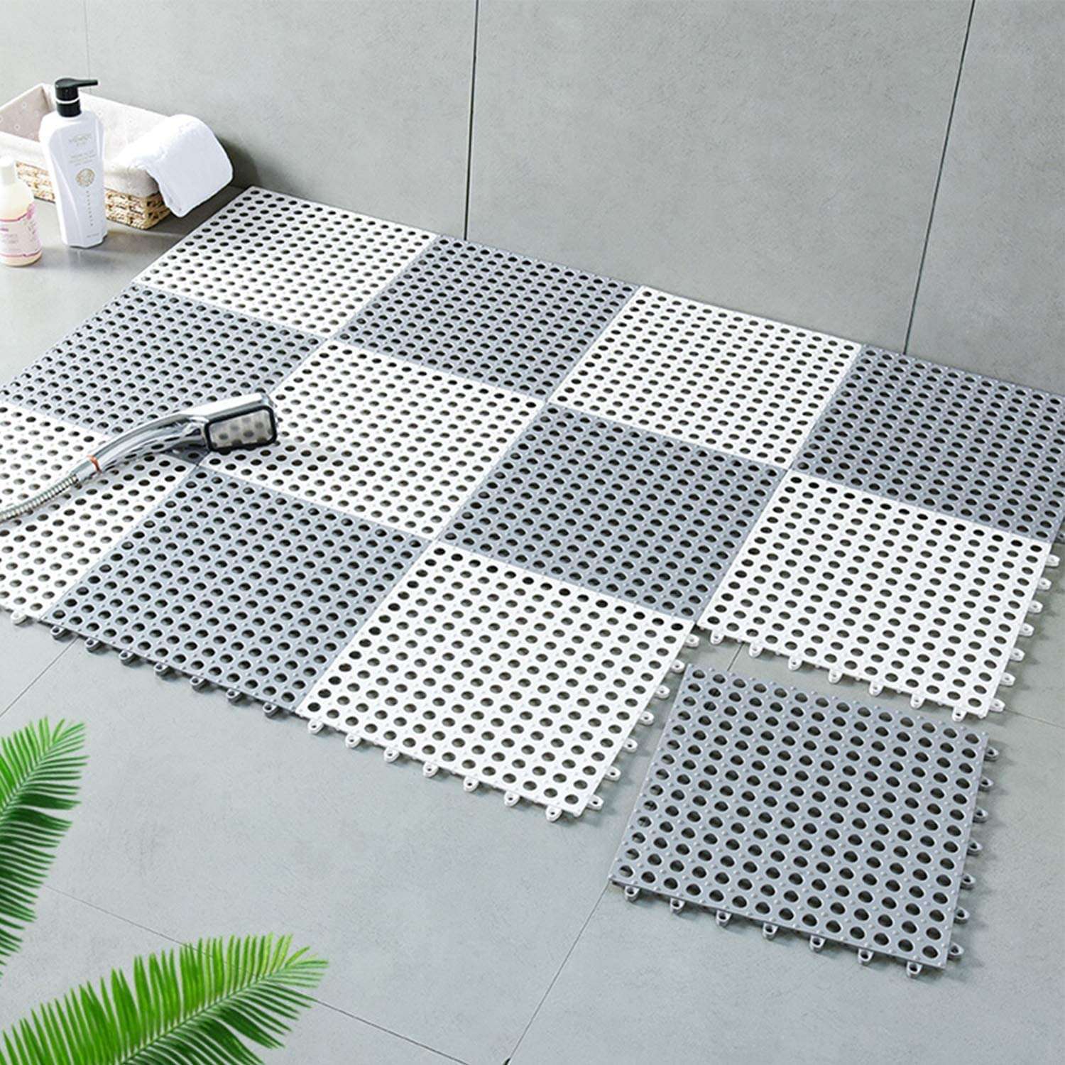 BHRAKUTI Interlocking Non-Slip Drainage Floor Tiles (Pack of 14) - 12x12 Inch Soft PVC Bathroom Mat with Grid Base - Heavy Duty Flooring for Patio, Kennel & Shower (Grey/White)