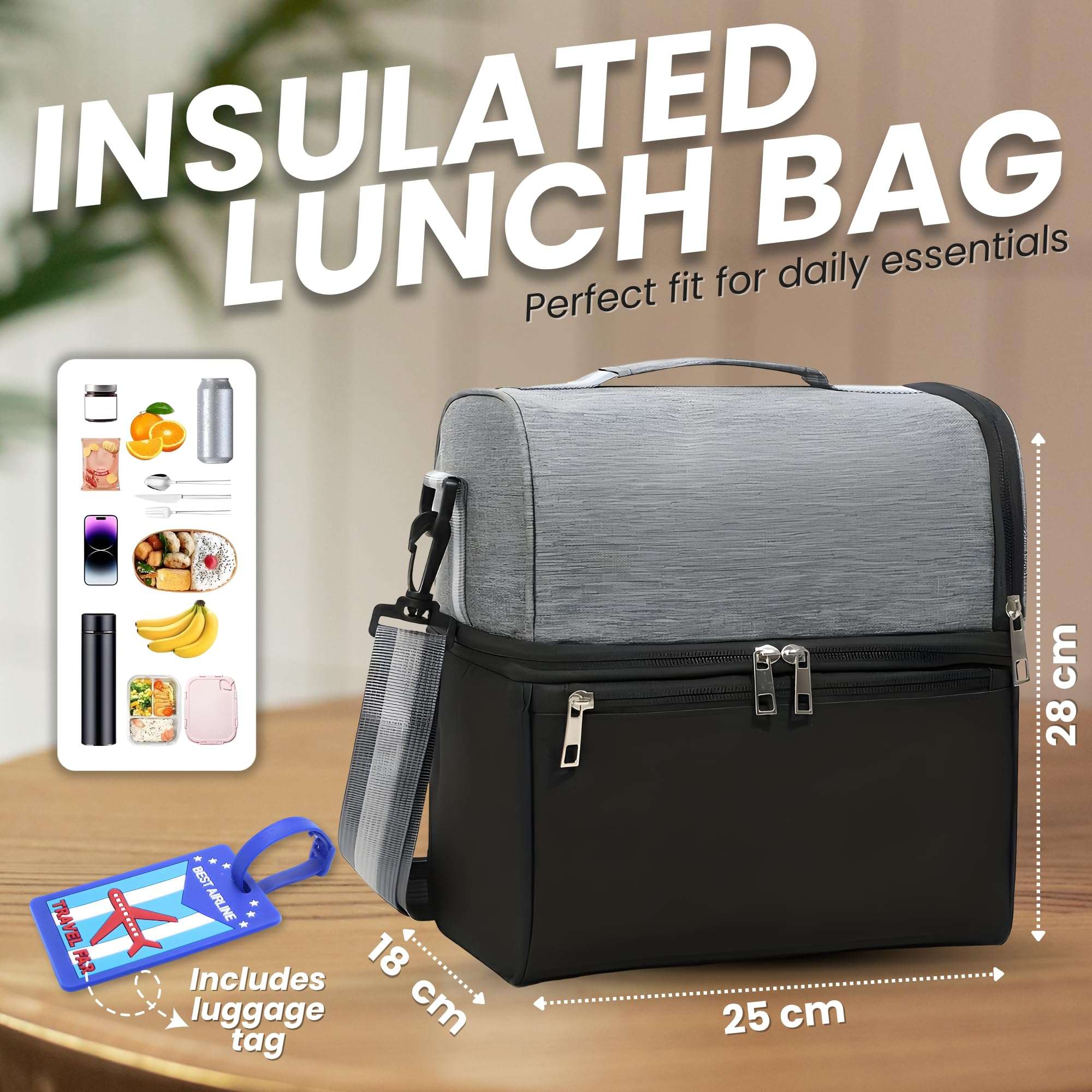 OCEANEVO 2 Compartment Insulated Lunch Bag with Luggage Tag, Tiffin Bag for Office with Handle and Shoulder Strap for Men and Women - 28 x 25 x 18 Cm - Grey 3