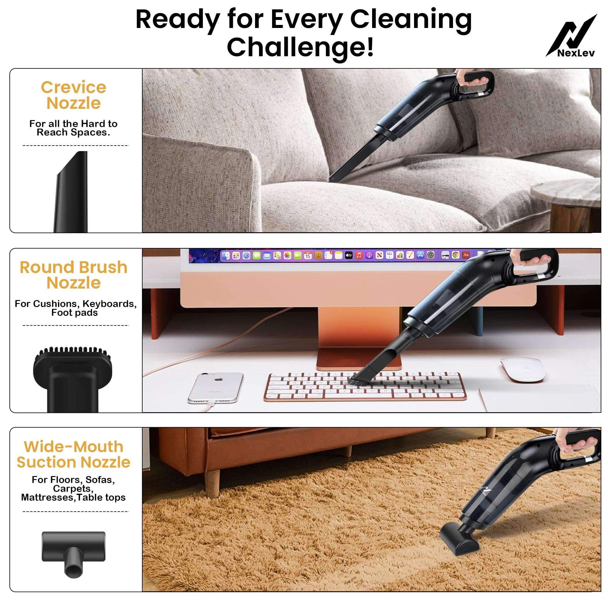 NexLev Cordless Vacuum Cleaner|HEPA with Stainless Steel Cover|6000 mAh|Copper Motor| Rechargeable Type C|Ideal for Home, Office & Car Use|Compact & Portable|Dust & Pet Hair Remover|3 Attachment|VC-02 5