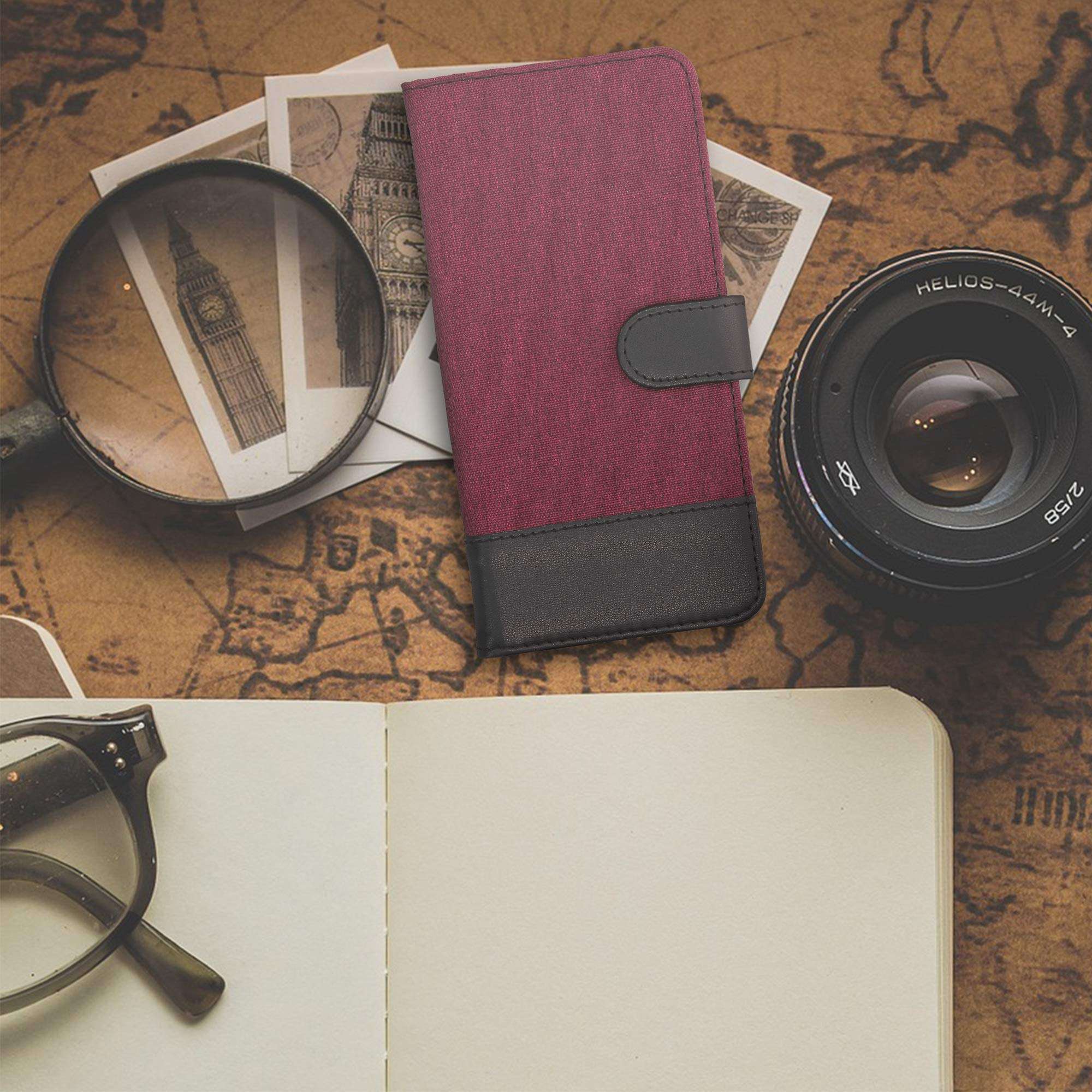 kwmobile Wallet Case Compatible with Motorola Moto G9 Play/Moto E7 Plus - Case Fabric and Faux Leather Phone Flip Cover - Dark Red/Black 2