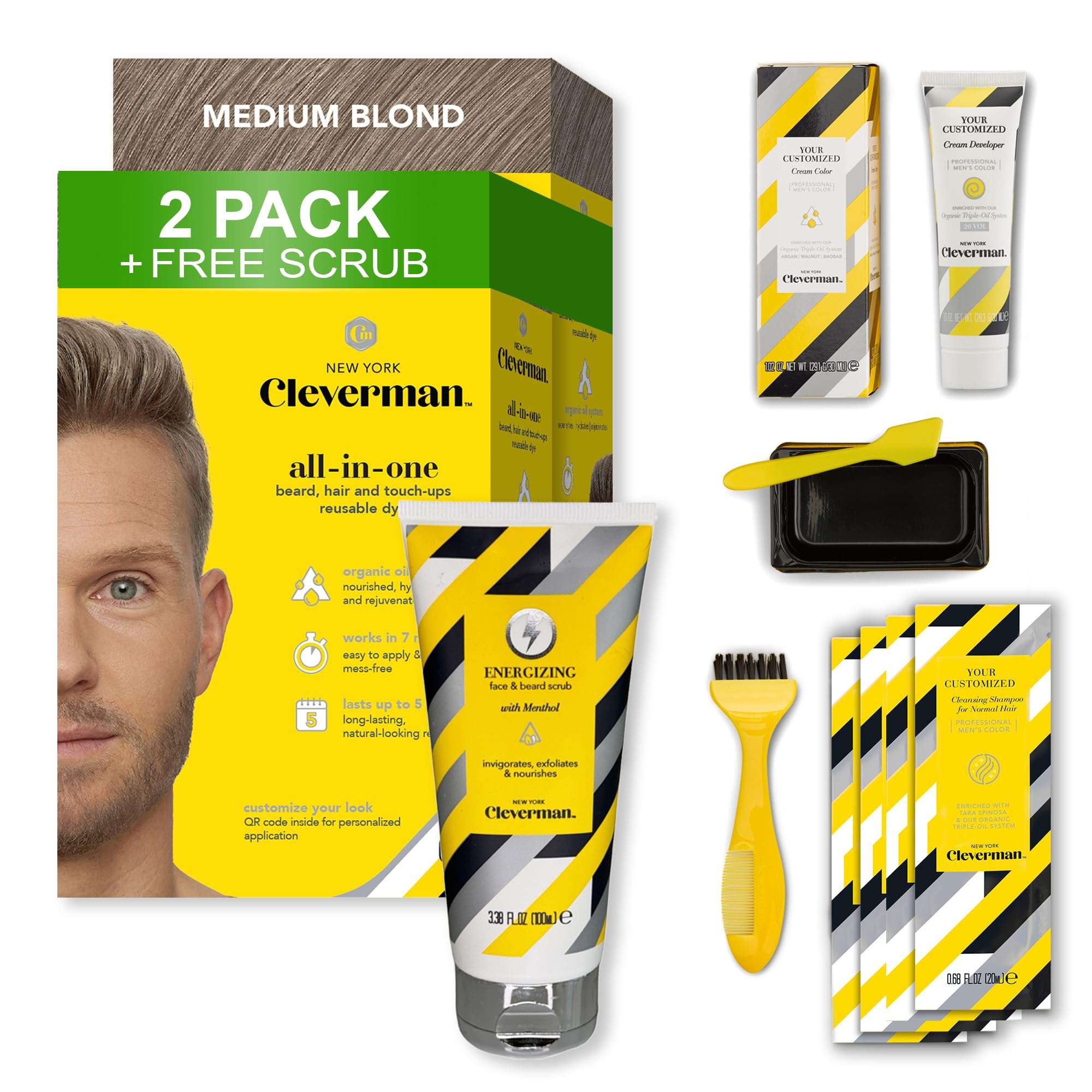 Cleverman 2 Pack - Medium Blond Hair & Beard Dye for Men x2 + 1 Free Energizing Face & Beard Scrub 1
