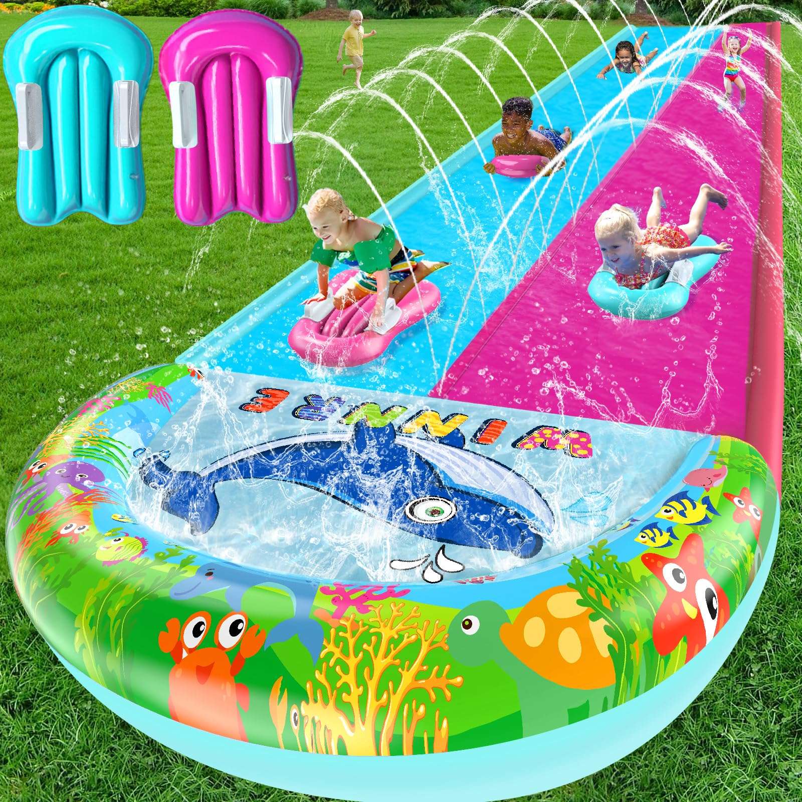 33FT Slip Lawn Water Slide for Kids Adults, Extra-Long Double Lanes Heavy Duty Slides N Side Fences, Giant Water Slide with Splash Pool, 2 Bodyboards with Handles, Slip Backyard Summer Water Play Toy 1