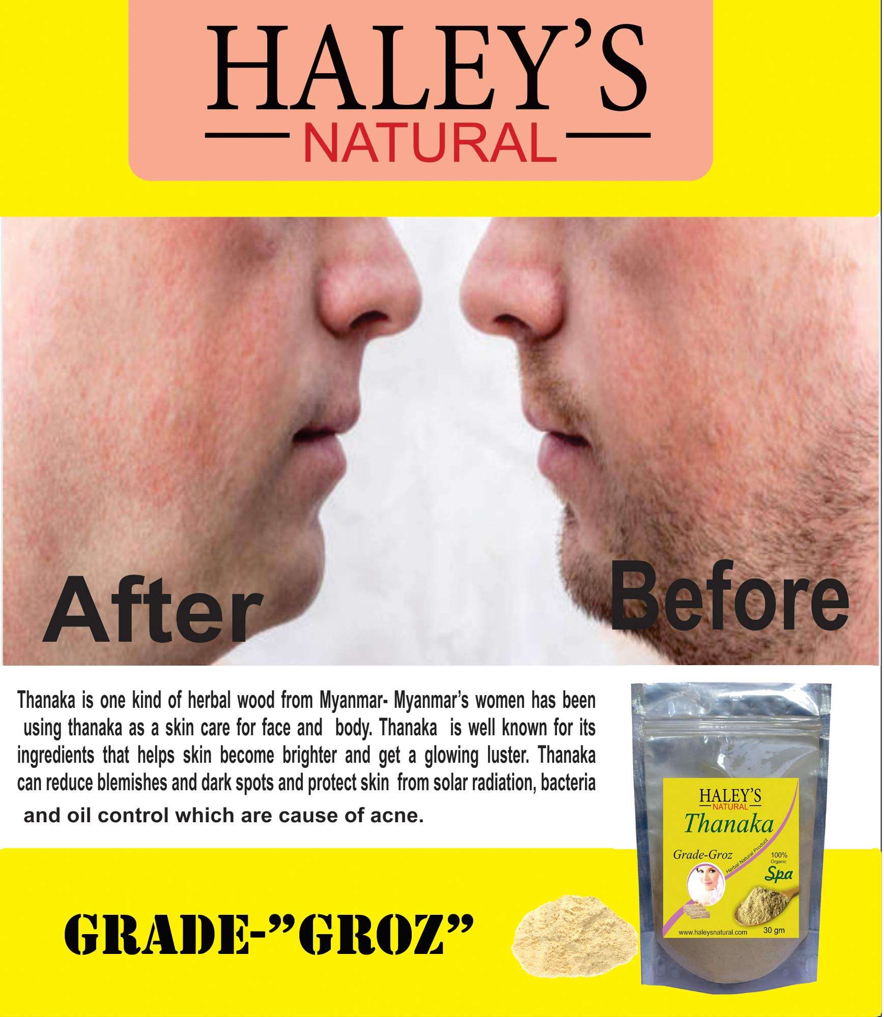 Haley's natural Thanaka Powder For Permanent Hair Removal Anti Acne Aging Whitening, Scrub, Sunscreen, Face Mask 30g 4