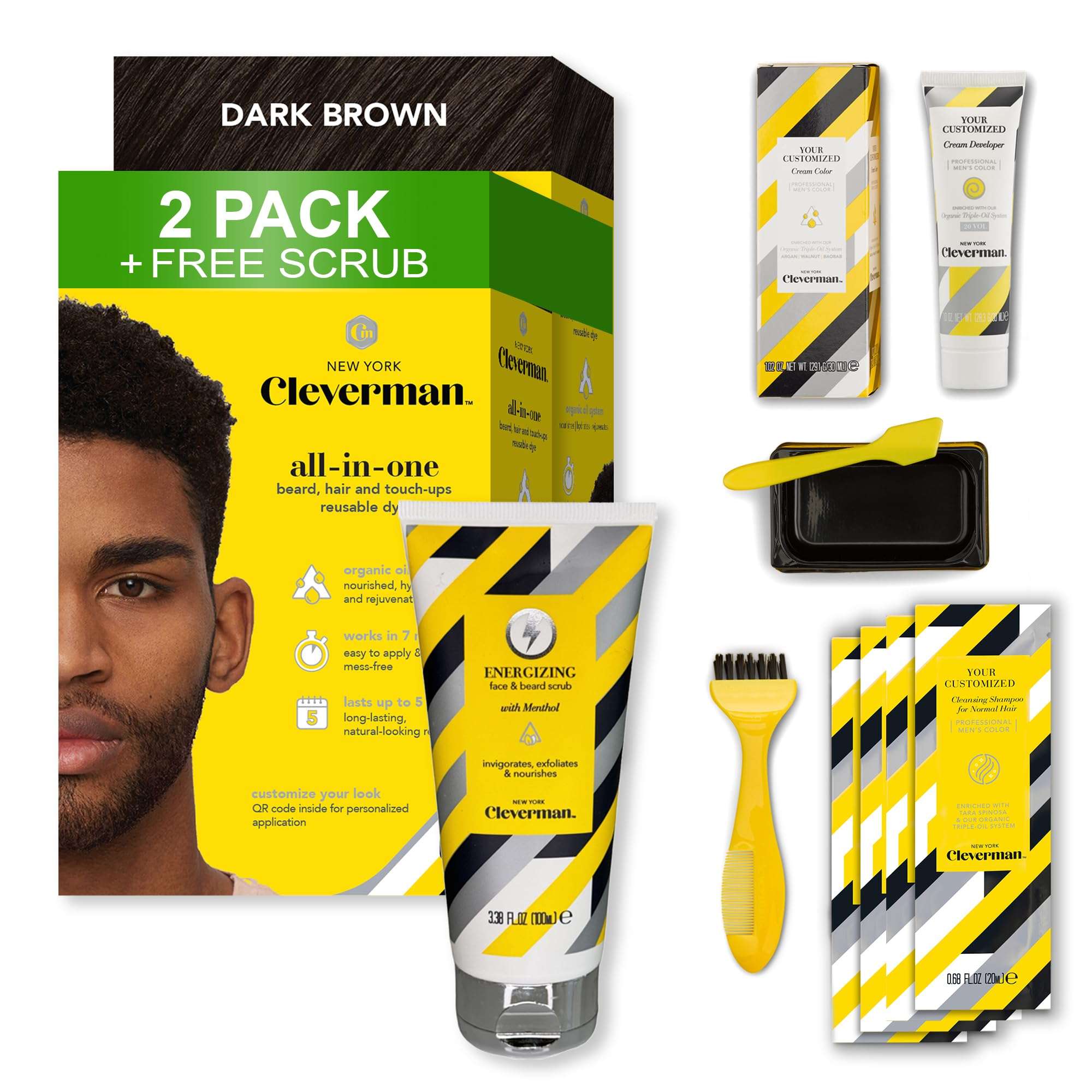 Cleverman 2 Pack - Dark Brown Hair & Beard Dye for Black Men x2 + 1 Free Energizing Face & Beard Scrub 1