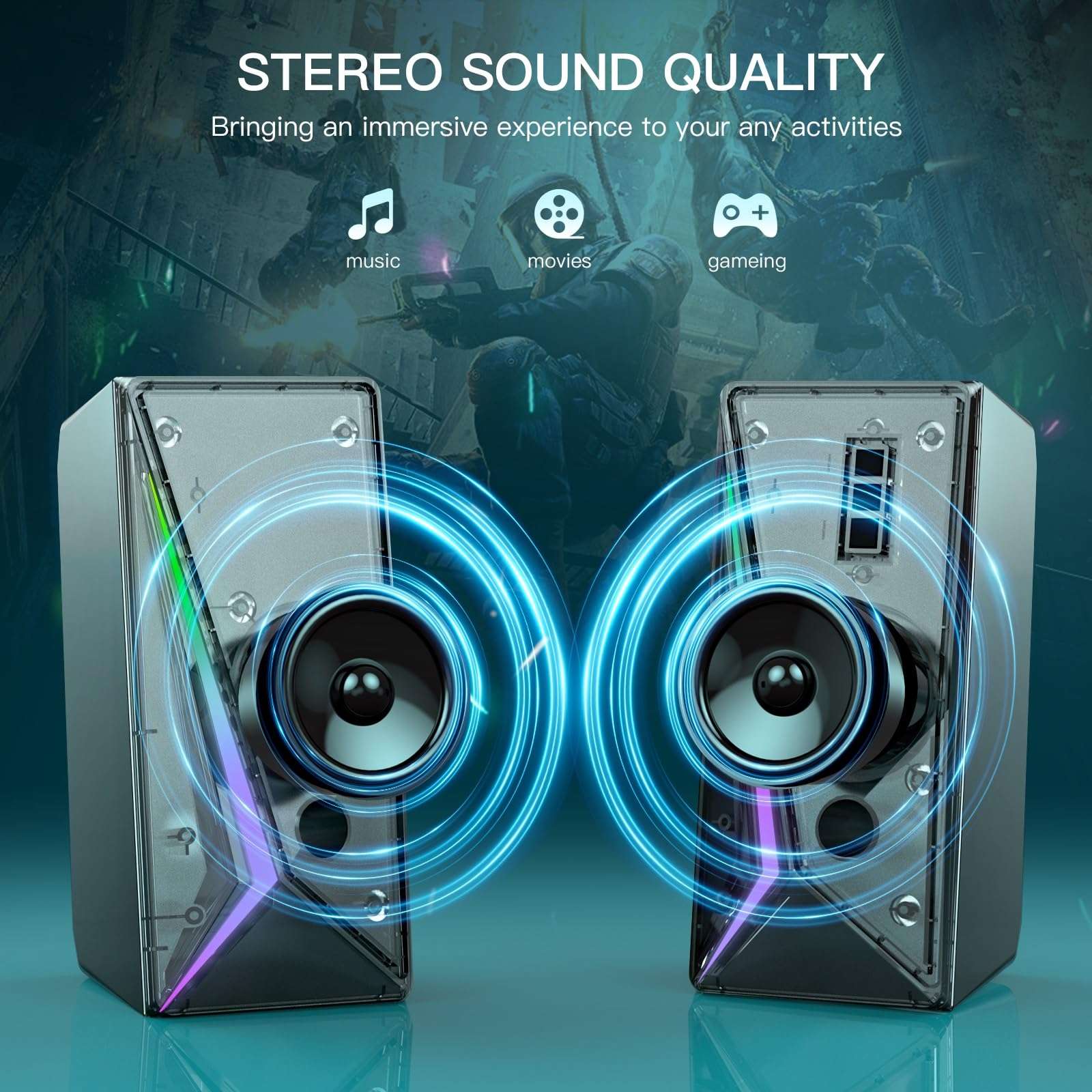 RGB PC Speakers with Volume Control, USB Powered Subwoofer - For Desktop, Laptop, Tablet, Phone 2