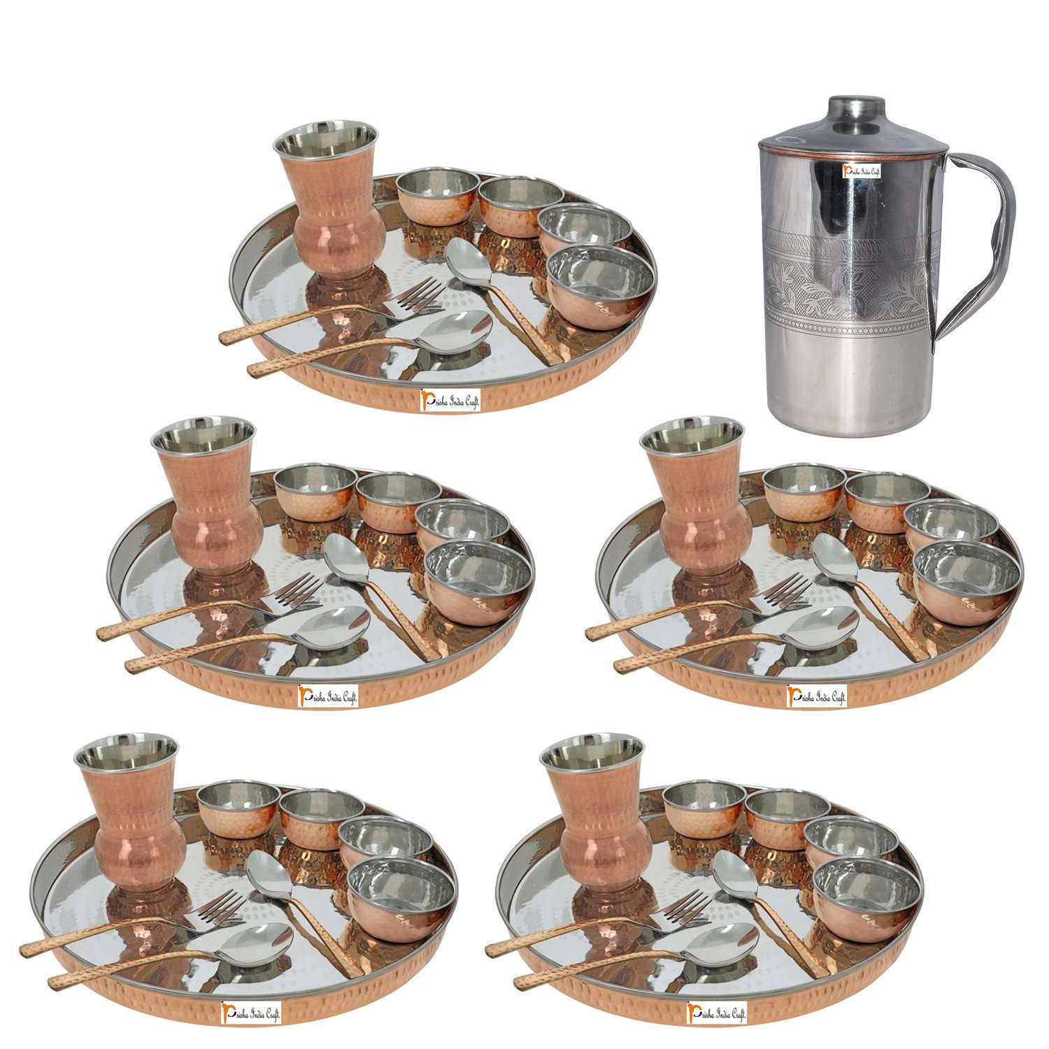 Prisha India Craft Copper Stainless Steel Large Dinner Plate Thali Set Dinnerware - Copper Dinner Set Online India - 5 Thali Set, 1 Jug 1