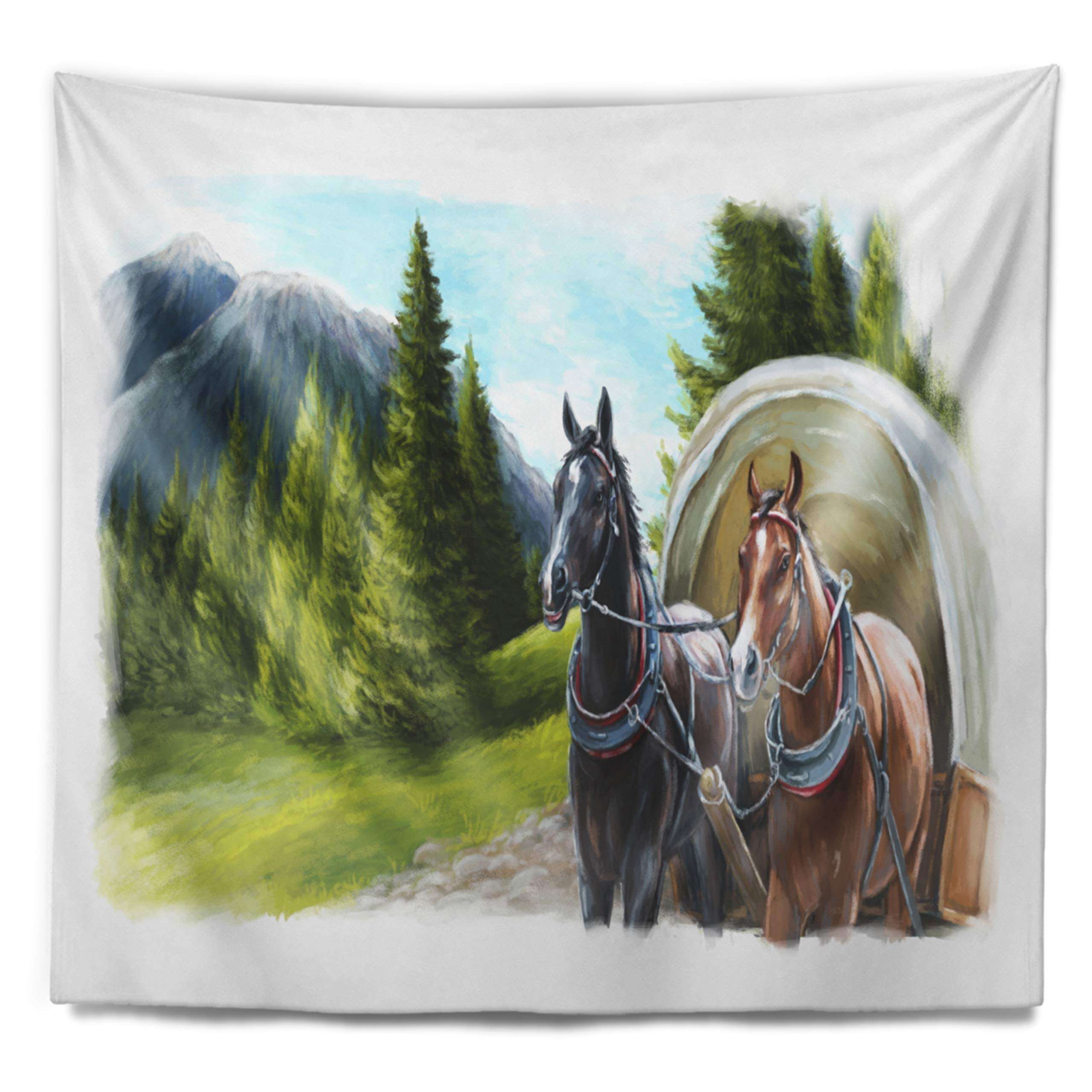 Designart ' Road in Mountains with Horses' Landscape Tapestry Blanket Décor Wall Art for Home and Office, Created On Lightweight Polyester Fabric Medium: 39 in. x 32 in 3