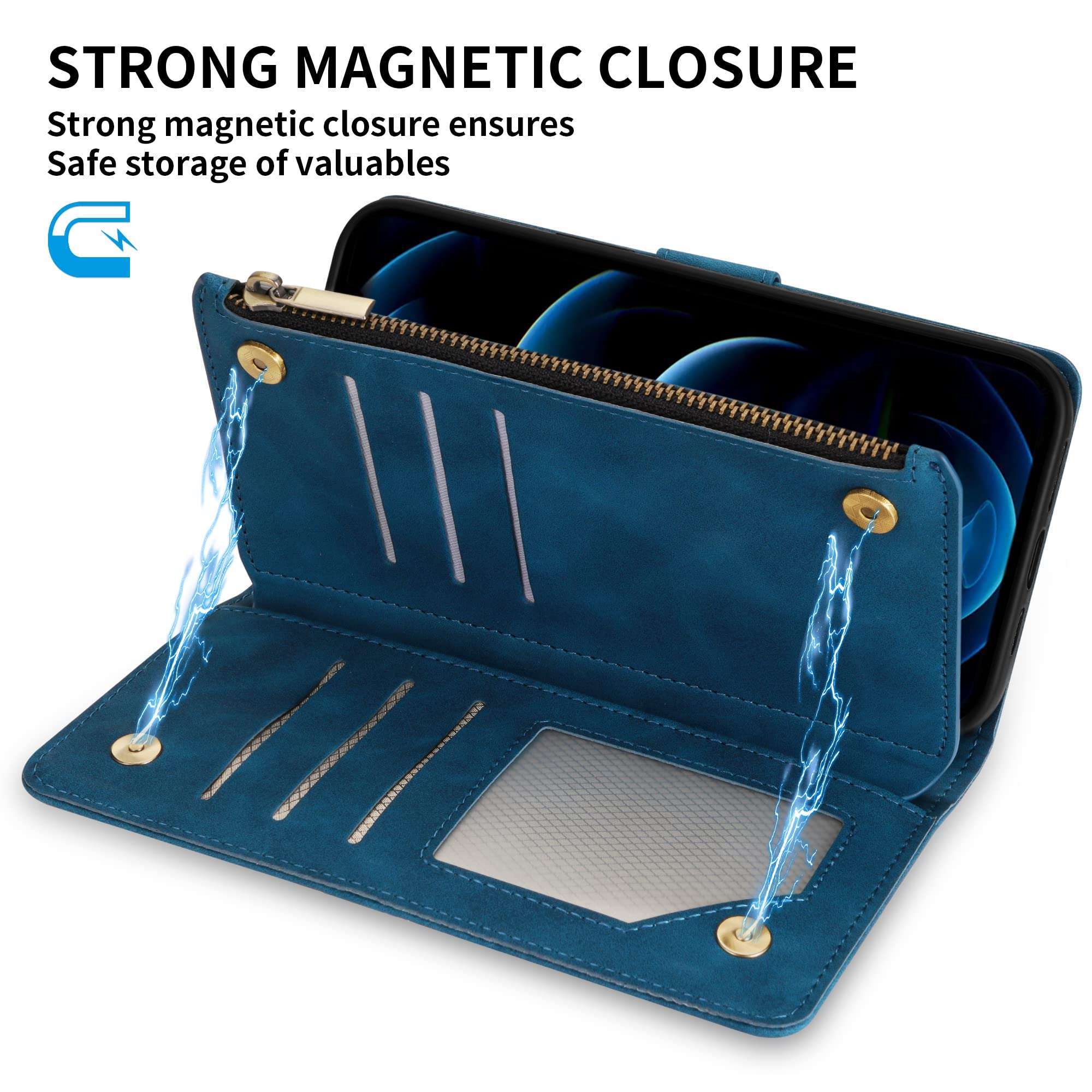 ZZXX for iPhone 12 Pro Max Wallet Case with Card Slot Premium Soft PU Leather Zipper Flip Folio Wallet with Wrist Strap Kickstand Protective for iPhone 12 Pro Max Case Wallet(Blue 6.7 inch) 5