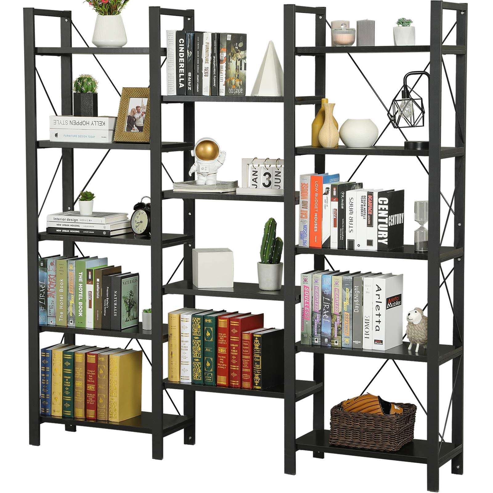 SEDETA Triple Wide 5-Shelf Bookcase, Industrial Vintage Style Bookshelves, Wood and Metal Bookshelf, Large Open Book Shelf Furniture Shelves for Home Office, Black 6