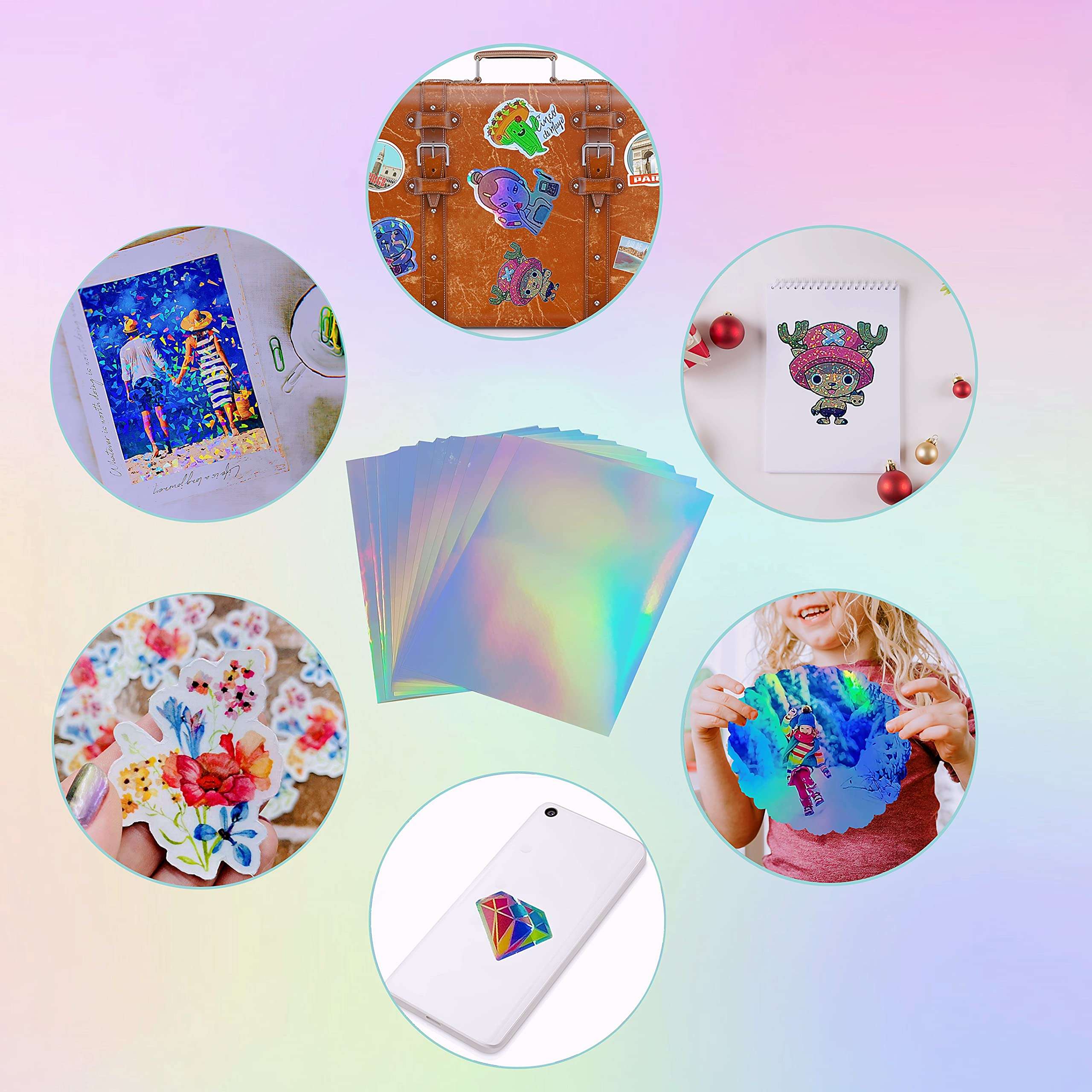 20 Sheets Holographic Sticker Paper 8.5x11 inch Printable Waterproof Stickers Rainbow Vinyl Sticker Sheets for Inkjet or Laser Printer 6