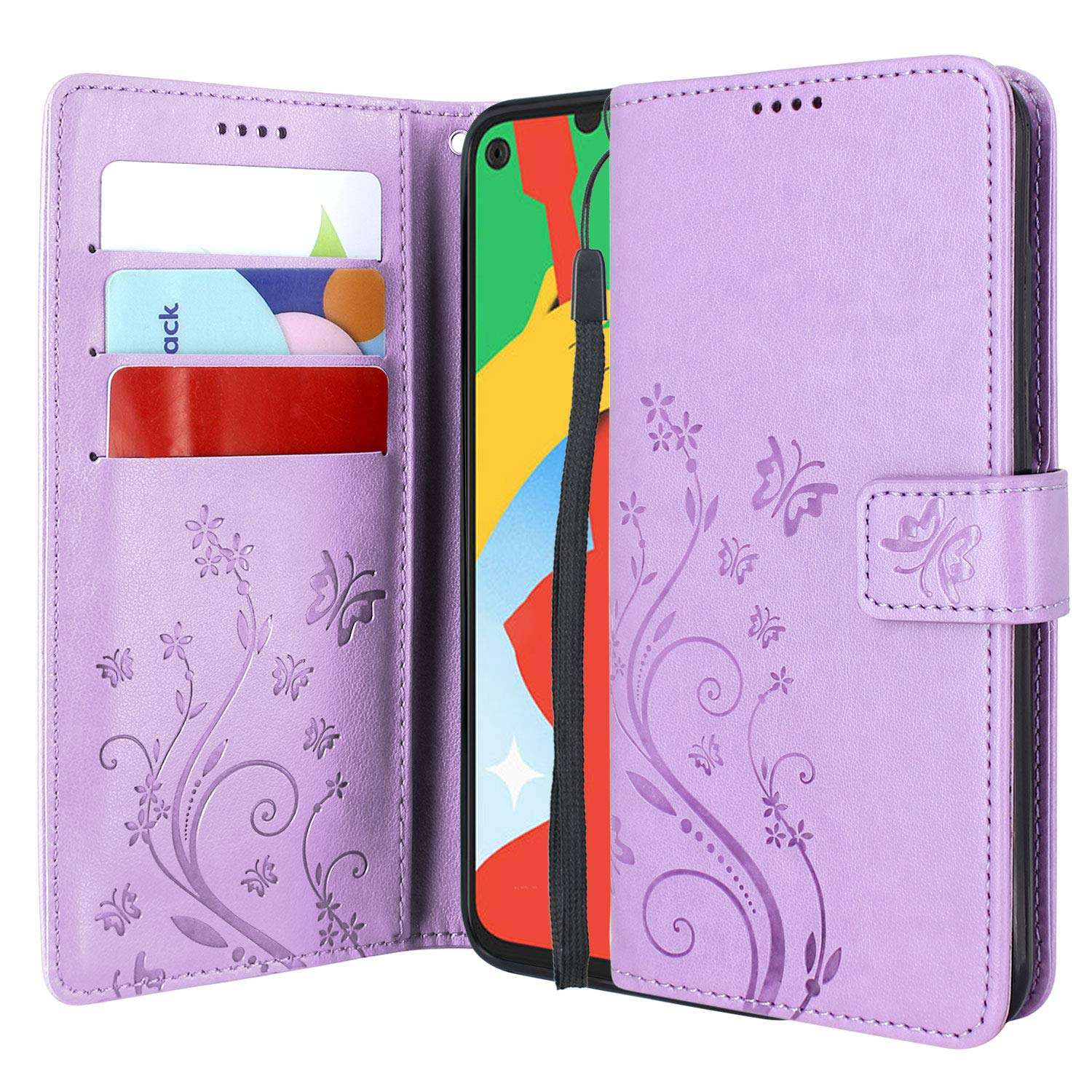 Lacass Floral Butterfly PU Leather Flip Wallet Case Cover Kickstand with Card Slots and Wrist Strap for Google Pixel 4a 5G (Not fit Pixel 4a 4G) (Light Purple) 1