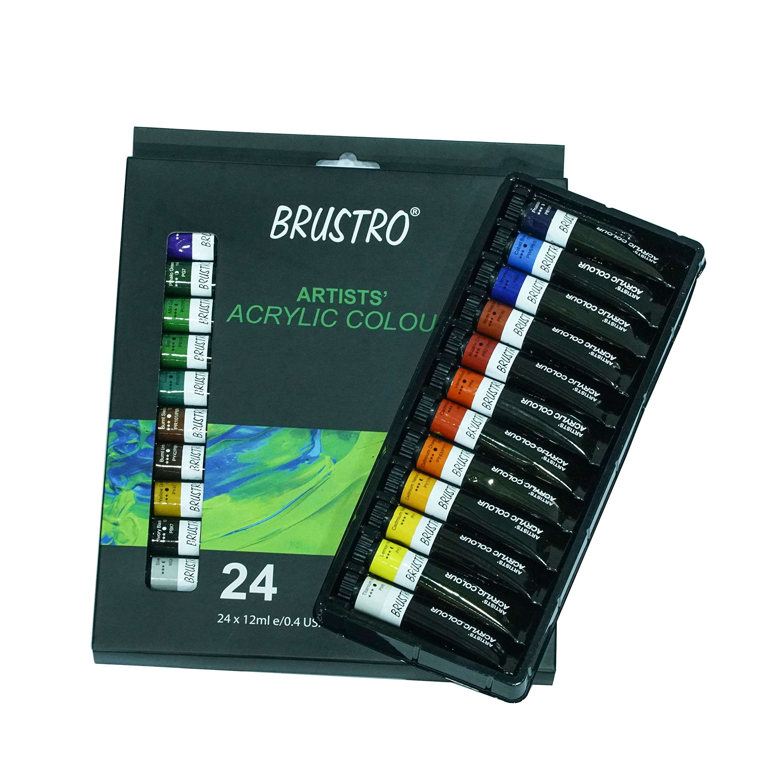 BRUSTRO Acrylic Paint Set of 24, Multicolour 12ml Tubes with Gold Taklon Brush Set of 10 3