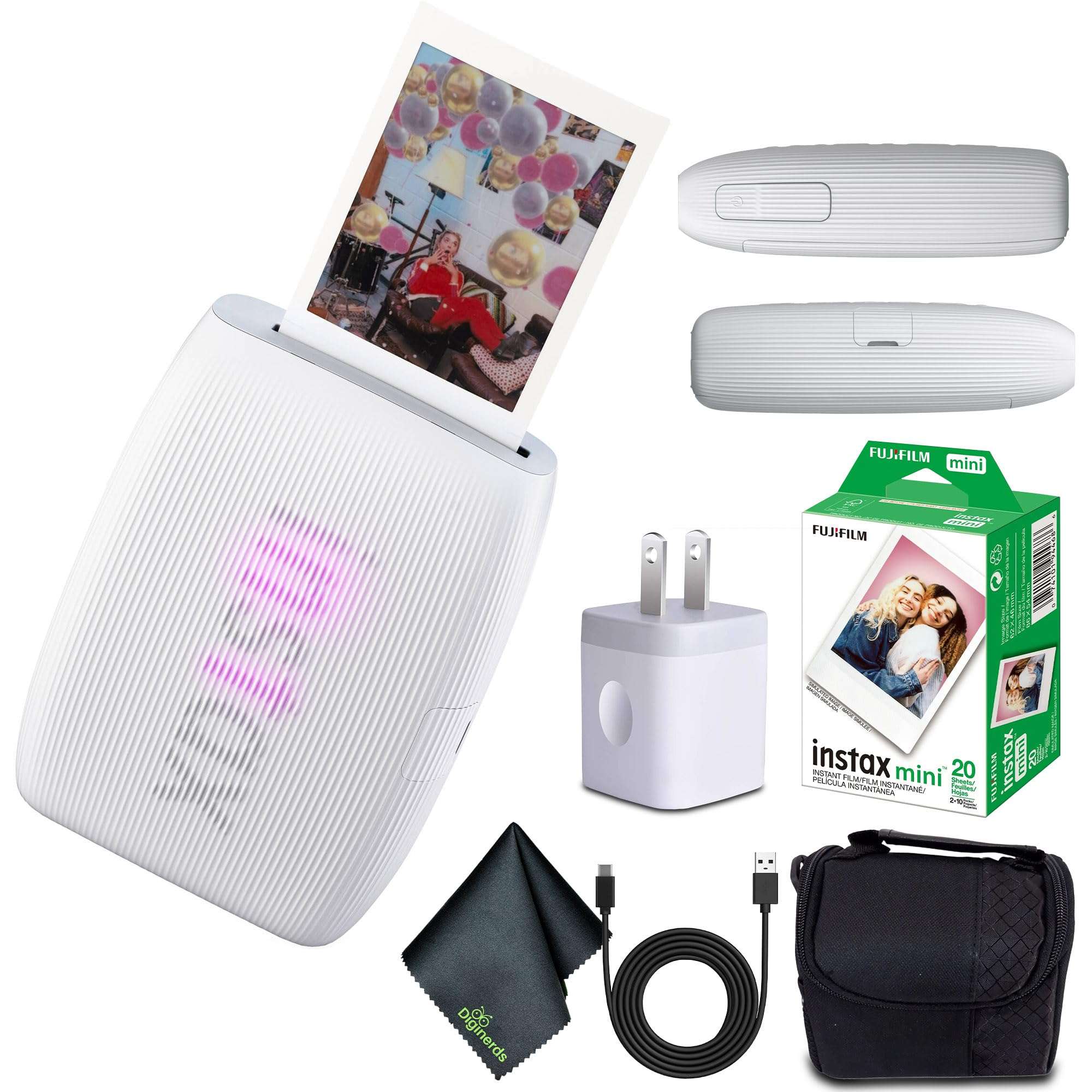 Fujifilm INSTAX Mini Link 3 Smartphone Printer (Clay White) + Travel Bag Small INSTAX Mini Instant Film (20 Sheets) + USB Power Charging Adapter + Diginerds Microfiber Cleaning Cloth 1