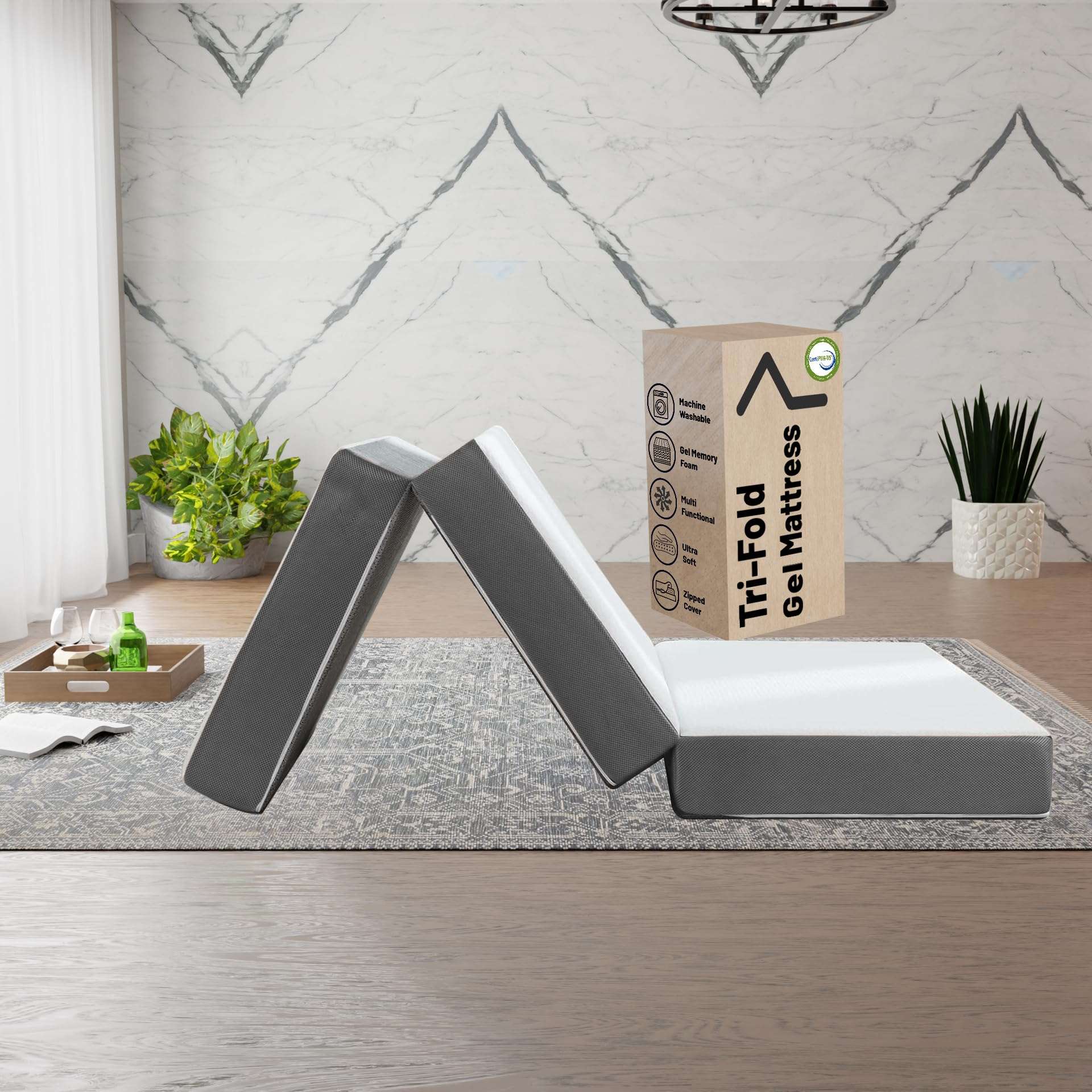 Spinal Sleep, 4-Inch Tri-Folding Gel Memory Foam Portable Floor Mattress, Breathable Mesh, Ultra Soft, Cot Pad, Removable and Washable Cover, Comfortable Support, Queen, White