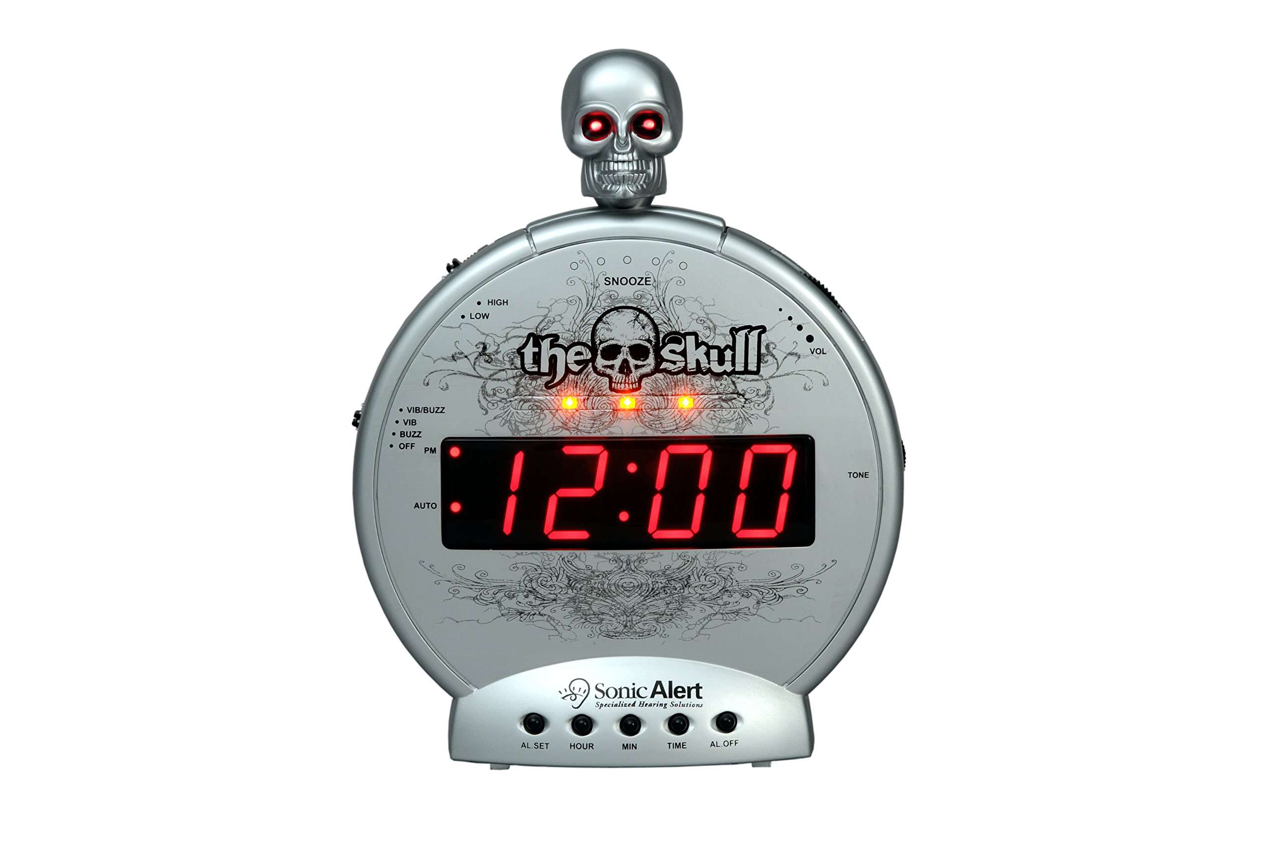 Sonic Alert Skull Clock, Digital Alarm Clock – Alarm, Snooze, USB Charger, Simple to Operate, Full Range Brightness Dimmer, Outlet Powered, Big Red Digit Display – Silver 2