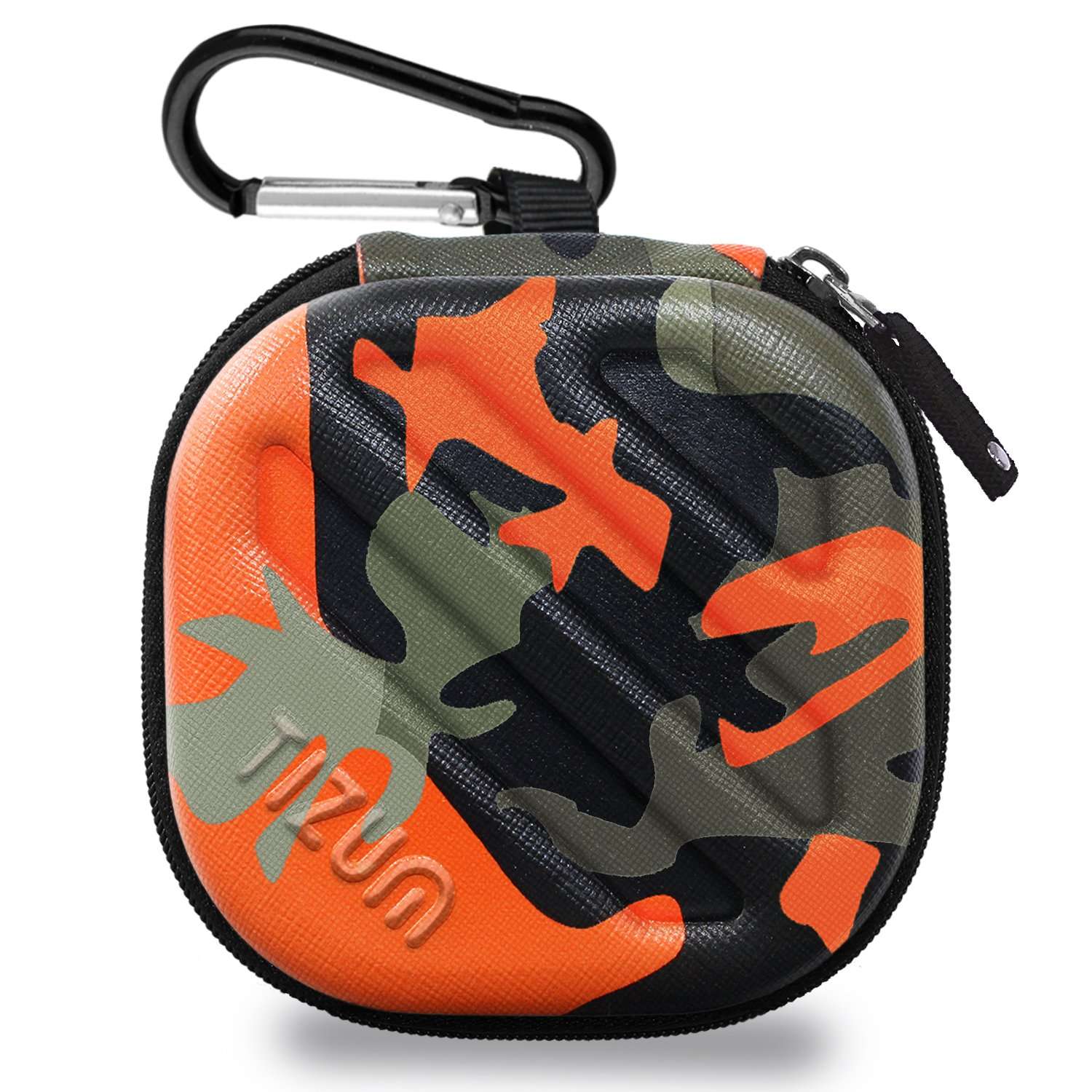 Tizum Earphone Carrying Case - Multi Purpose Pocket Storage with Carabiner Hook, Travel Organizer for Earphones, Pen Drives, Memory Card, Cable (Camouflage Orange) 1