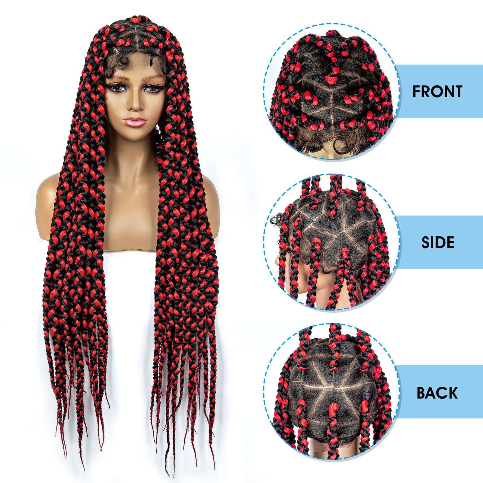 Braided Wigs for Black Women Full Double Lace Braided Wigs Knotless Box Braids Synthetic Lace Front Braided Wigs Cornrow Braids Wigs with Baby Hair Handmade Braided Wigs 32 inches (1B/RED Color) 4