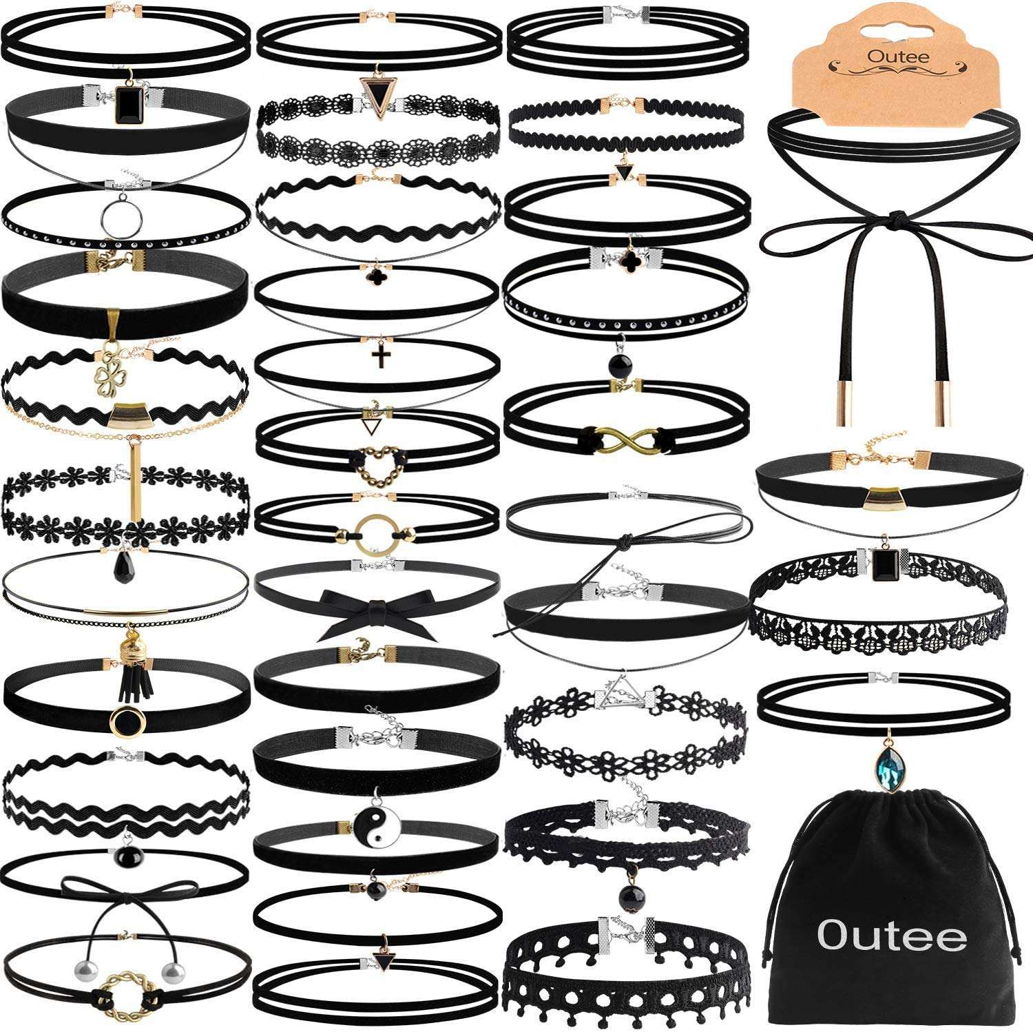 Outee 42 Pcs Choker Necklaces for Women Black Choker Set Tattoo Choker Necklace Classical Velvet Chokers
