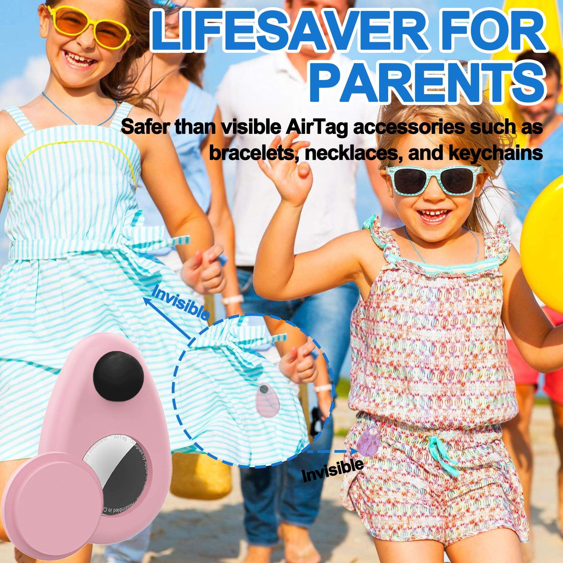 Waterproof AirTag Holder for Kids(2 PACK), Hidden AirTag Holder with Safety Pin, Anti-Theft GPS Tracker Case for Baby, Clothes, Luggage, Pet, Doesn't Dangle Anti-Removal(Blue,Pink) 4