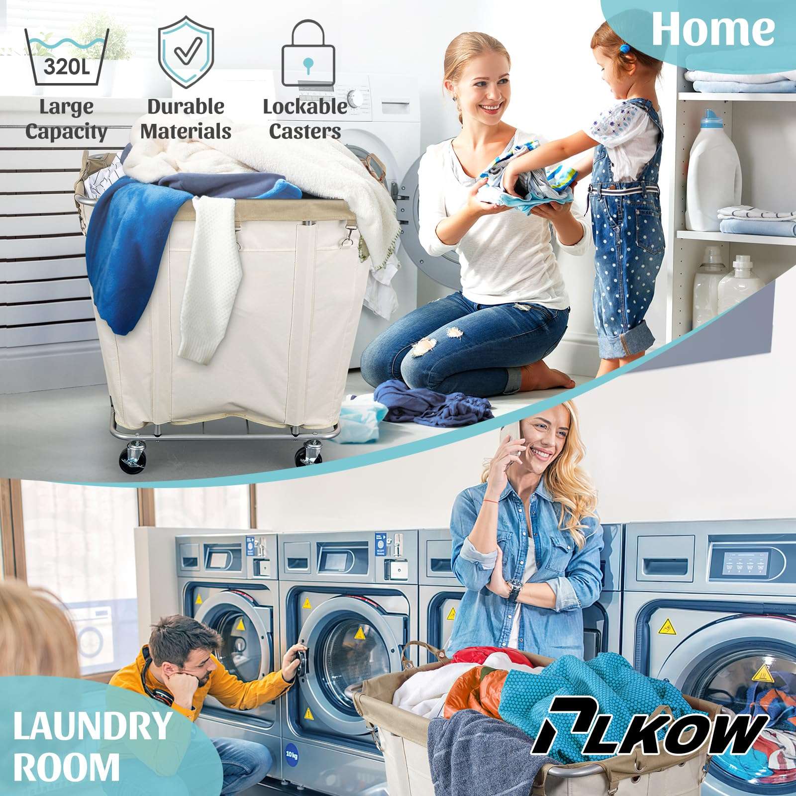 PLKOW Laundry Cart with Wheels 320L Large Rolling Laundry Cart for Commercial/Home, Rolling Laundry Basket with Steel Frame and Waterproof Lining, 9 Bushel, 32.3L x 19.7W x 30.7H Inch, Beige 3