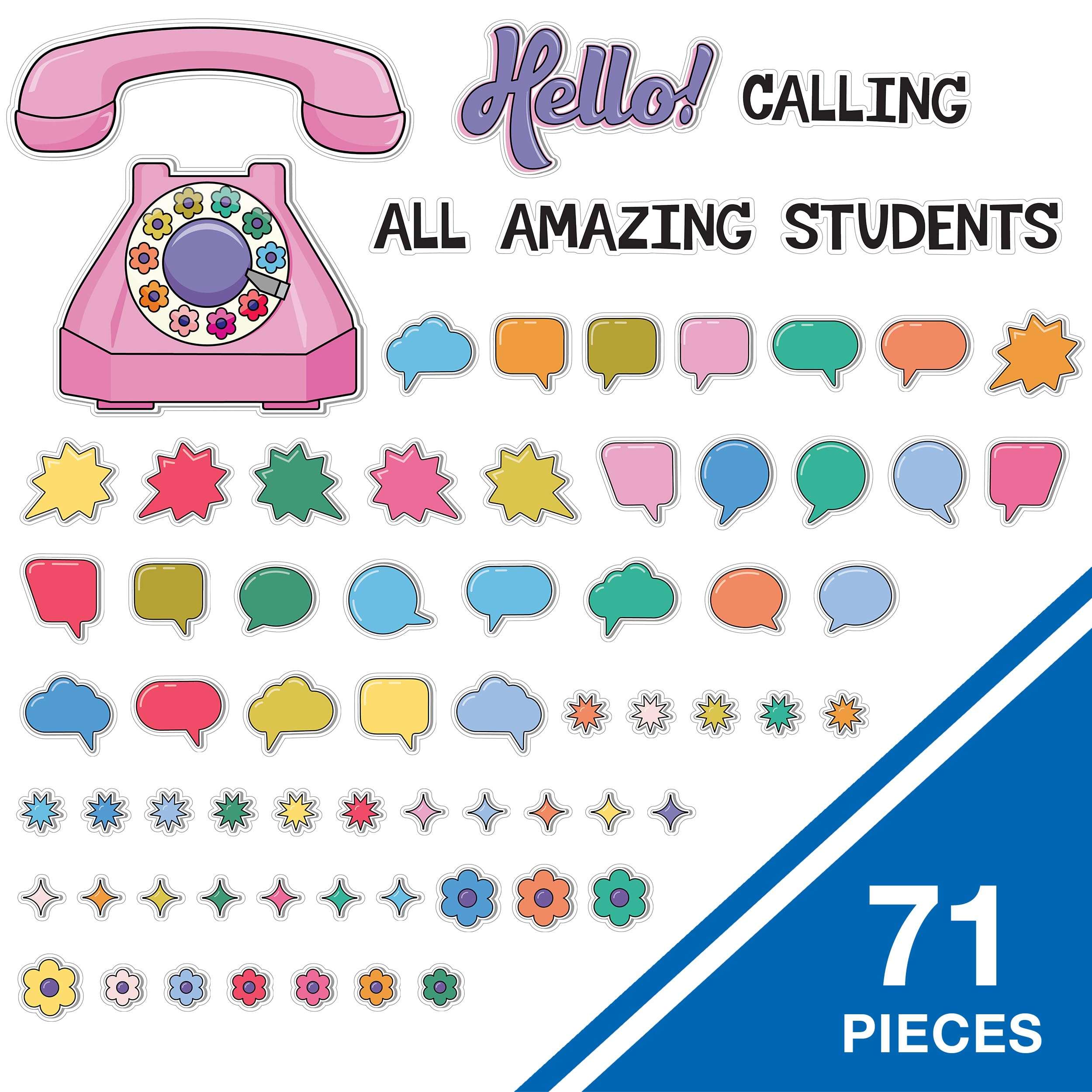 Happily Ever Elementary Retro Remix 71-Piece Motivational Bulletin Board Set, Banner, Telephone, Flowers, Speech Bubbles, and More Bulletin Board Decorations, Groovy Classroom Decor 3