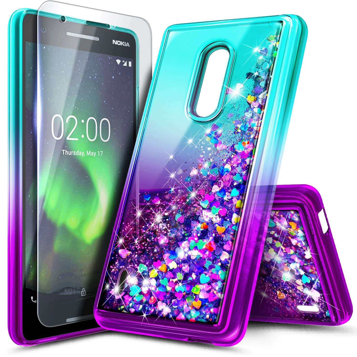 NZND Case for Nokia C2 Tava/Nokia C2 Tennen (Cricket Wireless) with Tempered Glass Screen Protector (Full Coverage), Glitter Liquid Floating Waterfall Durable Girls Cute Phone Case Cover -Aqua/Purple 1