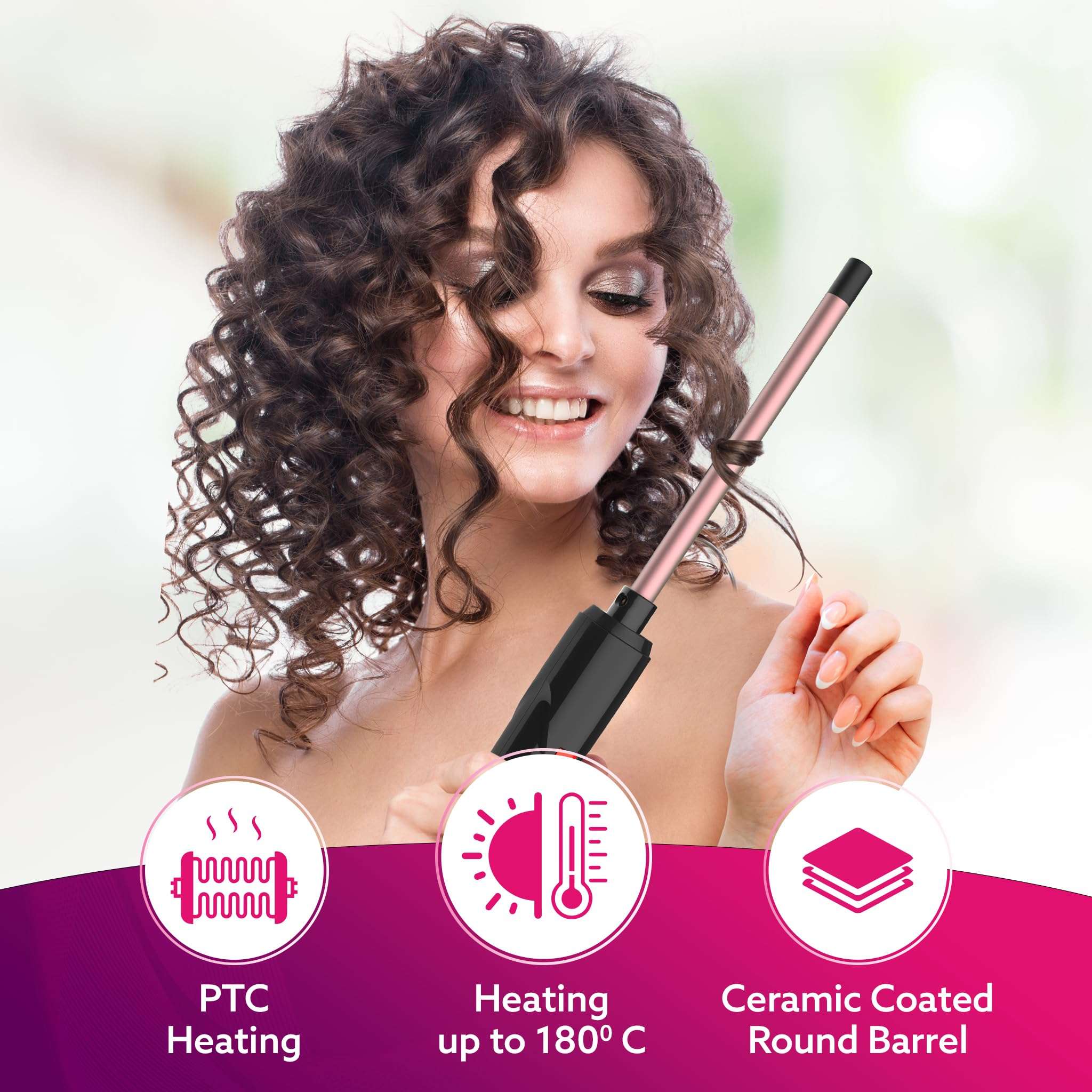 AGARO Round Chopstick Curler, With 10 MM Barrel, Rod, Tong, Chopstick Round Hair Curler, Ceramic Coated Plates, Cool Touch Tip, Fast Heating, For Men Women, Maggie Curl, Styling (HC7017, Rose Gold & Black). 3