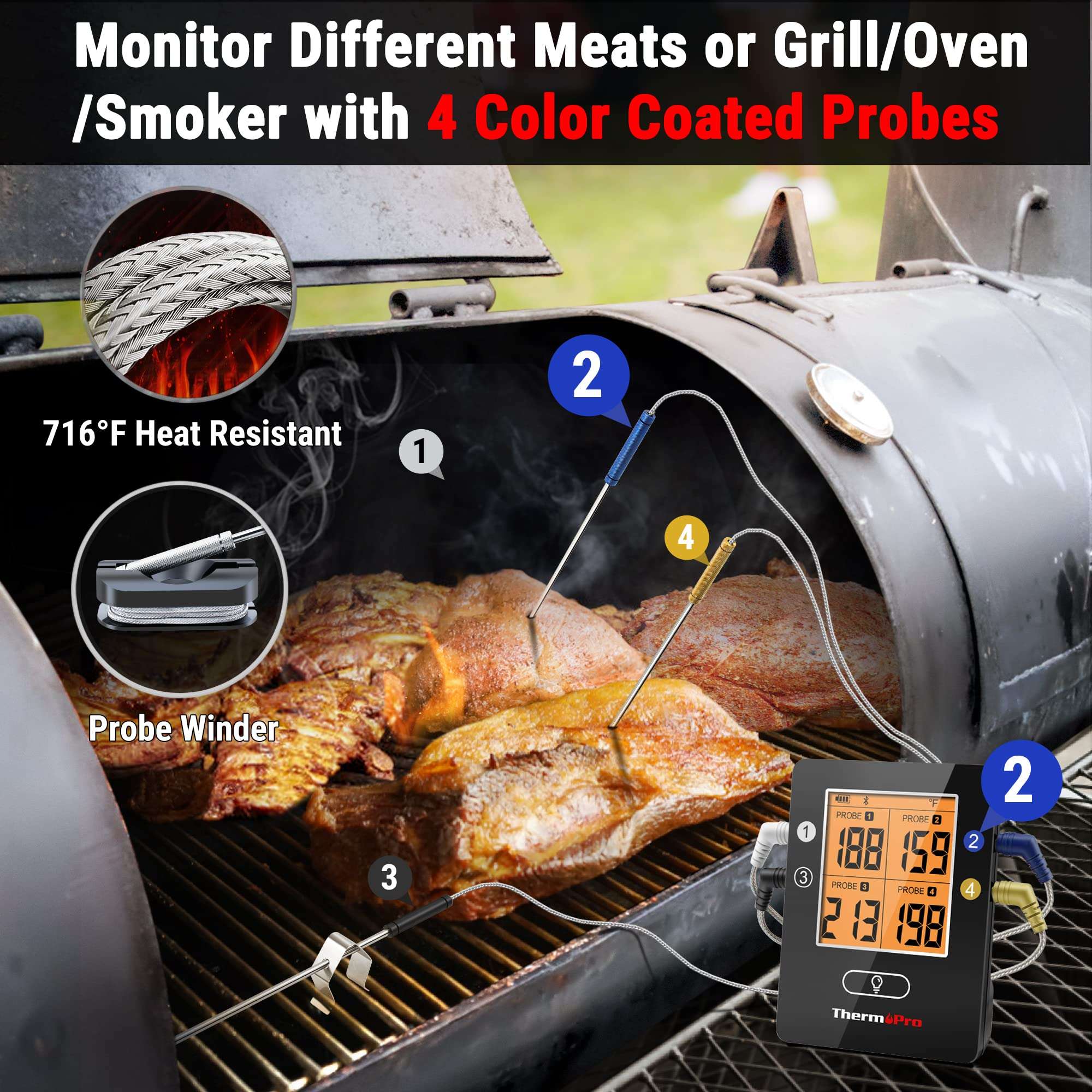 ThermoPro TP25 650FT Bluetooth Meat Thermometer with 4-Probes, Smart Rechargeable Wireless Meat Thermometer for Grilling, Smoker, Oven, Kitchen, BBQ Thermometer with Alarm, Temperature Graph, Black 3