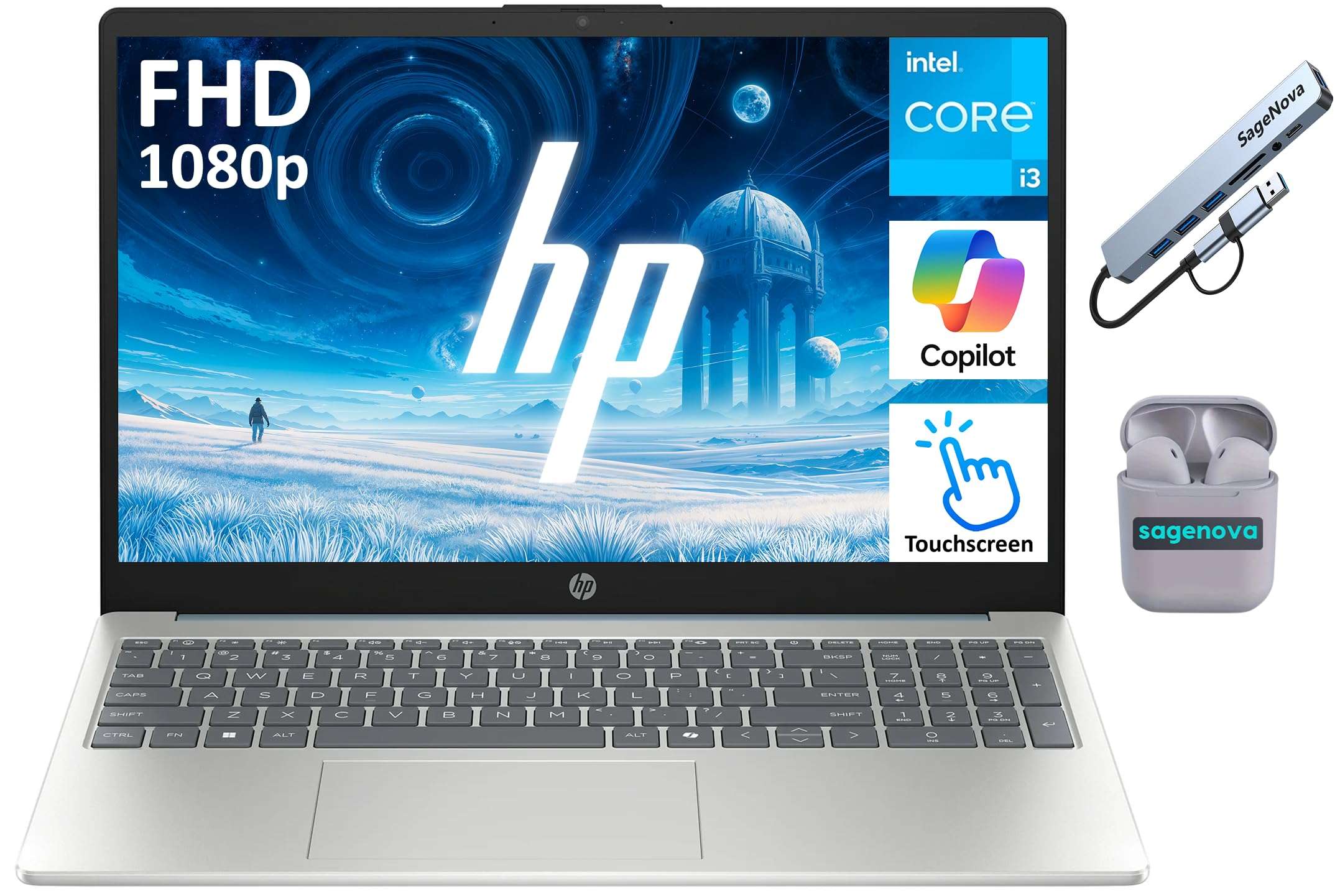 HP 15.6" FHD Touchscreen Laptop Computer, 16GB RAM 512GB Storage (256GB SSD+256GB Docking Station Set), 8-Core Intel Core i3 Processor, Windows 11 with Copilot AI, SageNova Earphones, Moonlight Blue 1