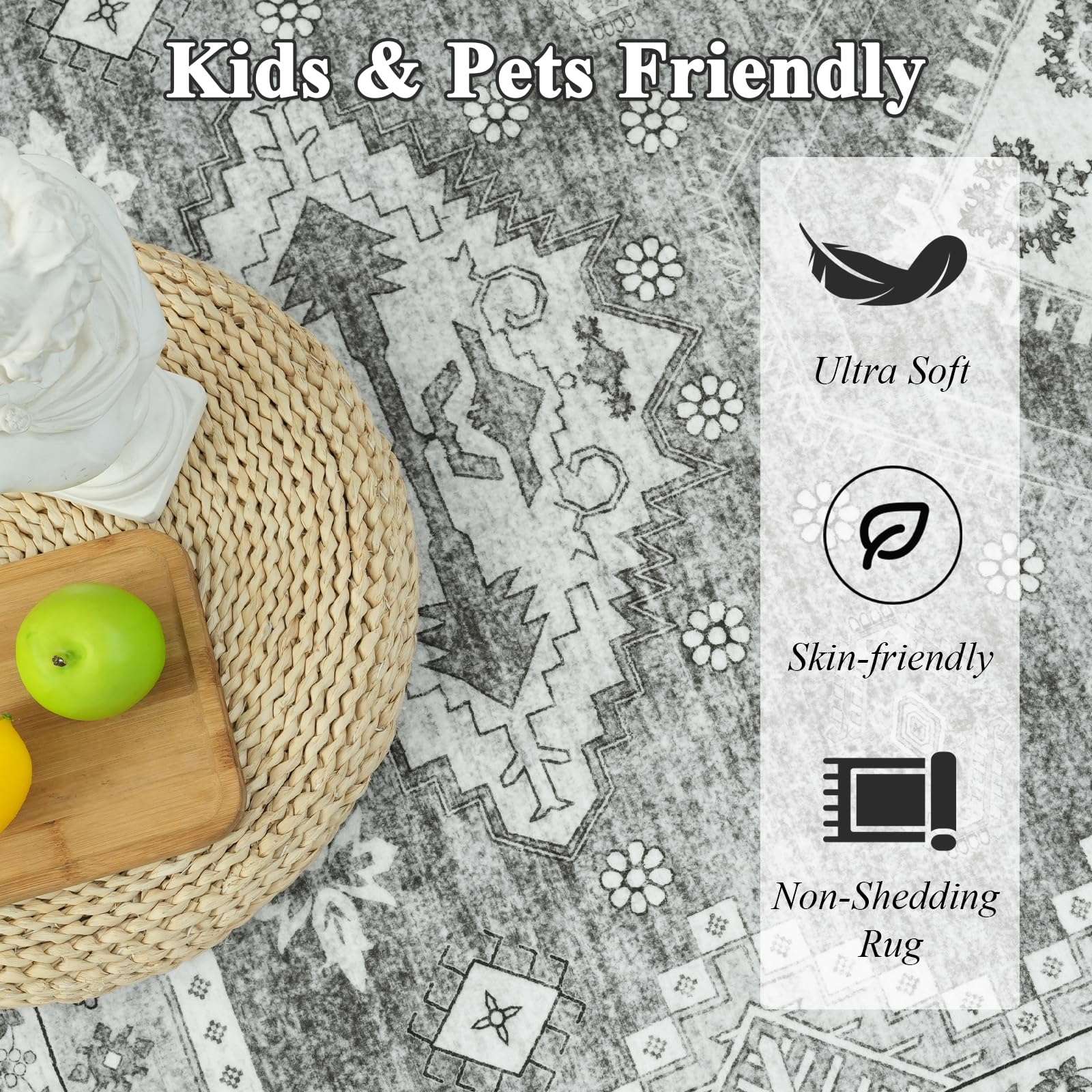 GUGUTEA 4x6 Area Rug Washable Boho Printed Rugs for Bedroom, Soft Living Room Carpet, Vintage Non-Slip Non-Shedding Faux Wool Indoor Throw Rug for Entryway Dining Room, Grey 4