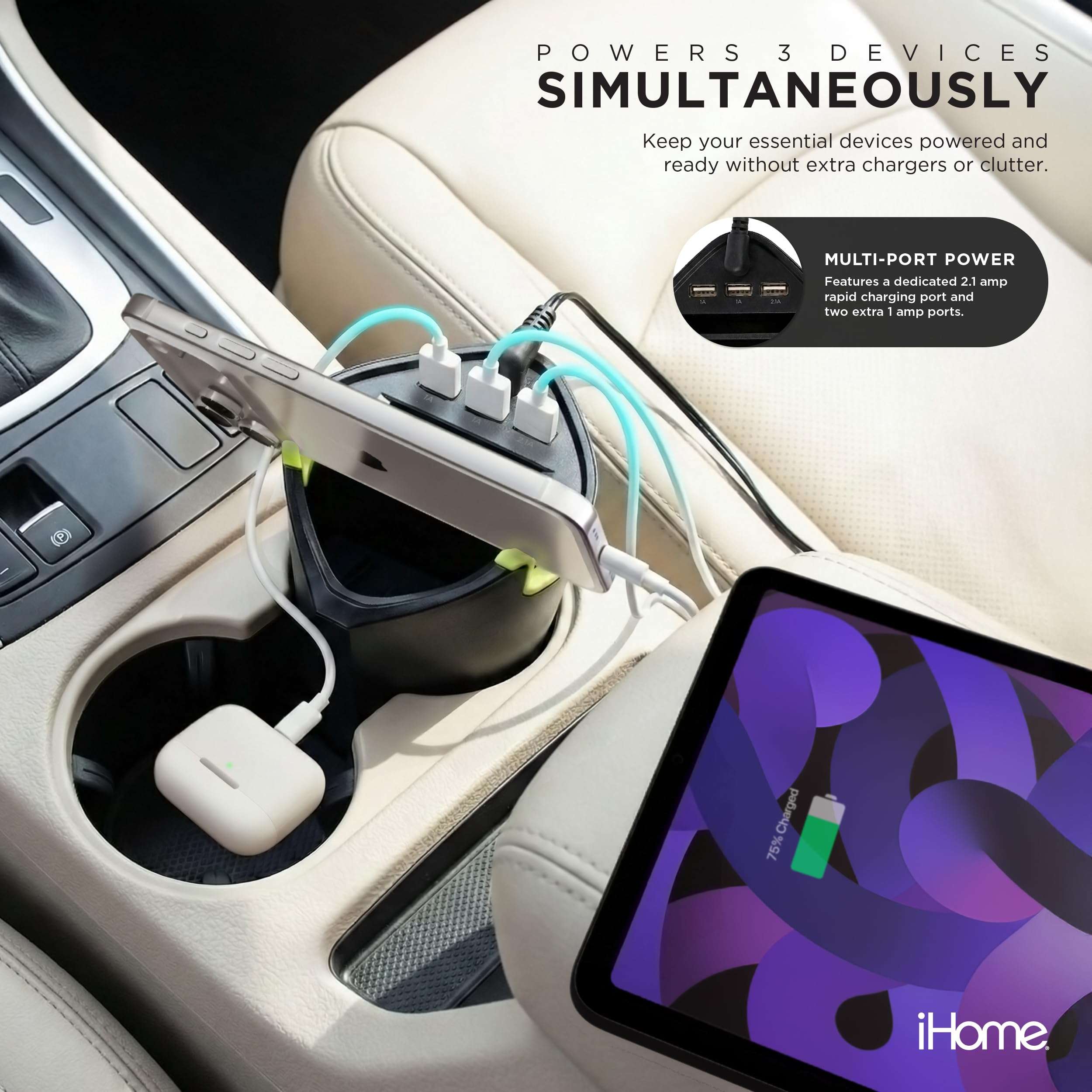 iHome 3 Port Cup Holder Charger, Rapid Charge 2.1A Port, Extra Storage, Universal Fit 4