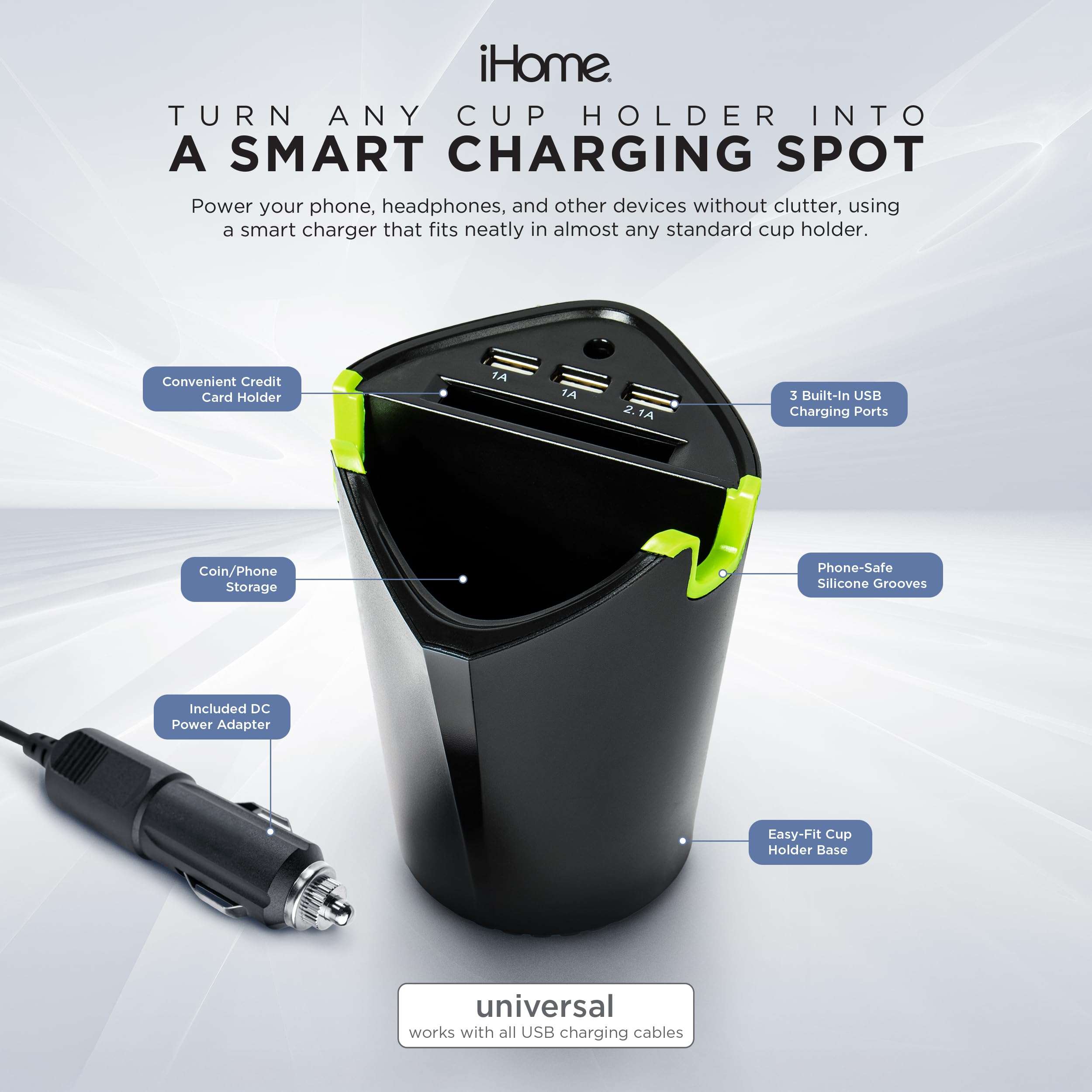 iHome 3 Port Cup Holder Charger, Rapid Charge 2.1A Port, Extra Storage, Universal Fit 3