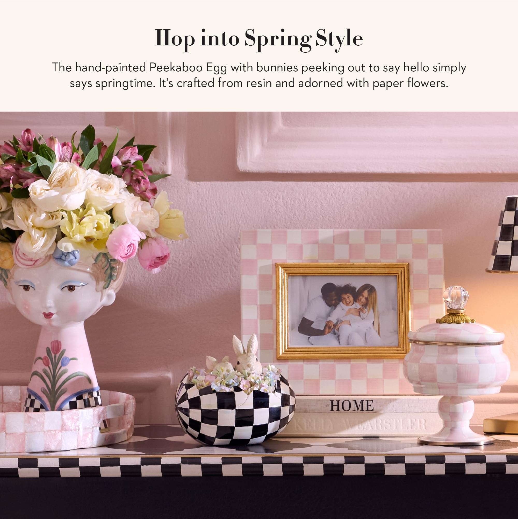 MACKENZIE-CHILDS Peekaboo Egg, Cute Easter Bunny Decor, Spring and Easter Egg Decor, Black-and-White Courtly Check 3