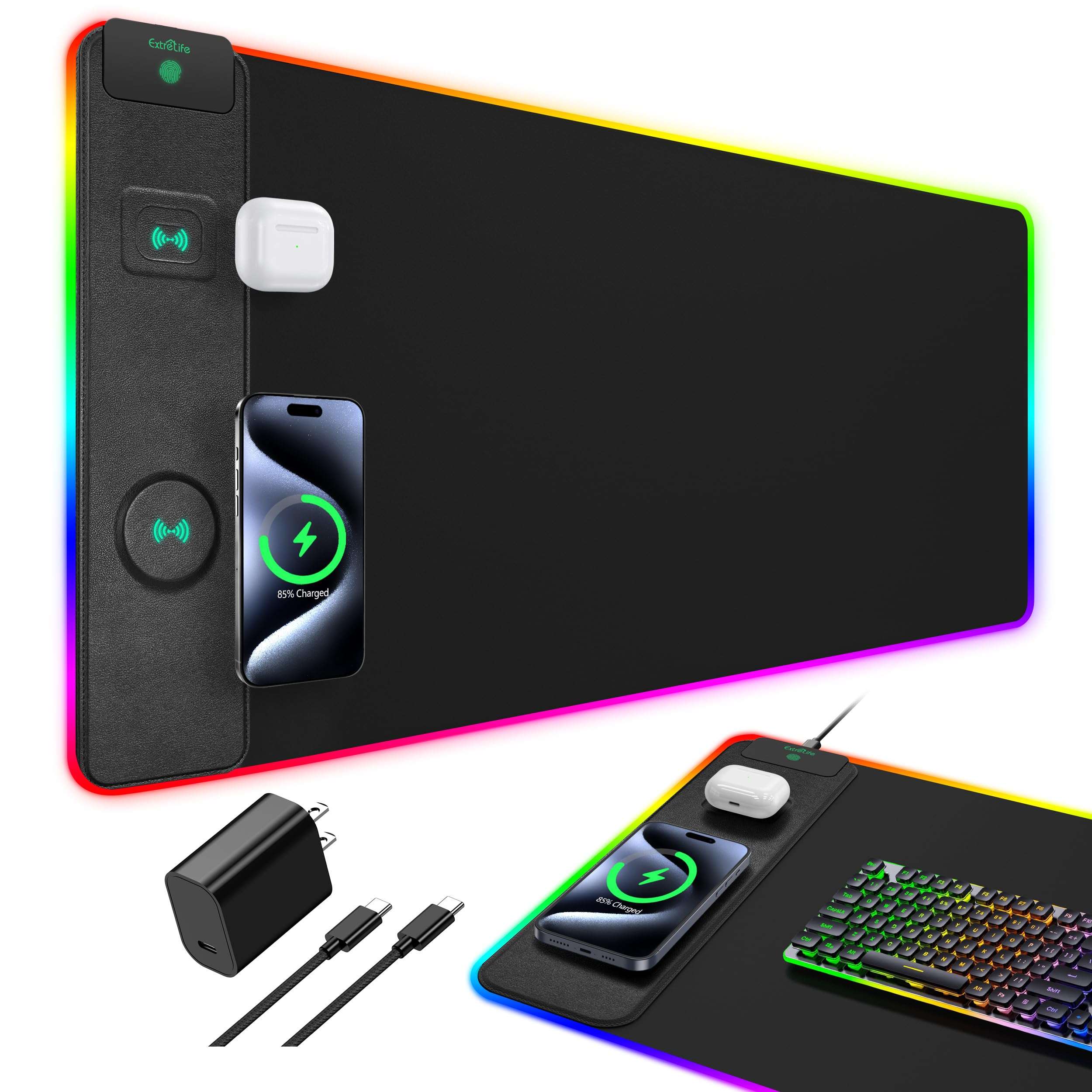 Mouse Pad with Wireless Charging, RGB Gaming Desk Mat, 31.5"x15.7" Large XXL Desk Pad, 15 Lighting Modes, Non-Slip Mouse Mat, Waterproof Computer Keyboard Pad, Black with 20W PD Power Adapter 1