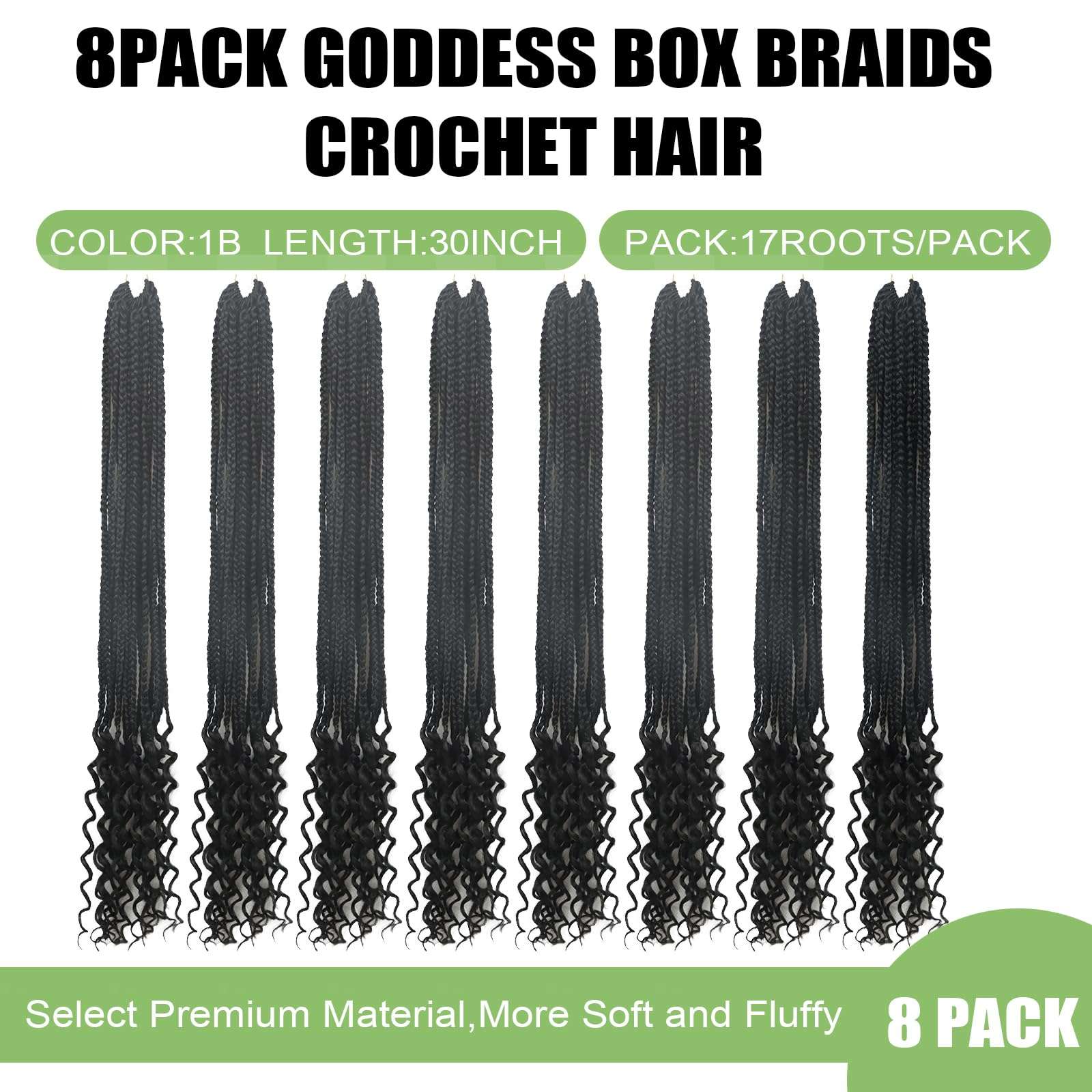 Goddess Box Braids Crochet Hair 30 Inch 8 Packs Crochet Bohemian Box Braids Pre Looped Crochet Hair Crochet Hairs with Curly Ends Braids Hair for Black Women Box Braids Crochet Hair Extension(1B) 3