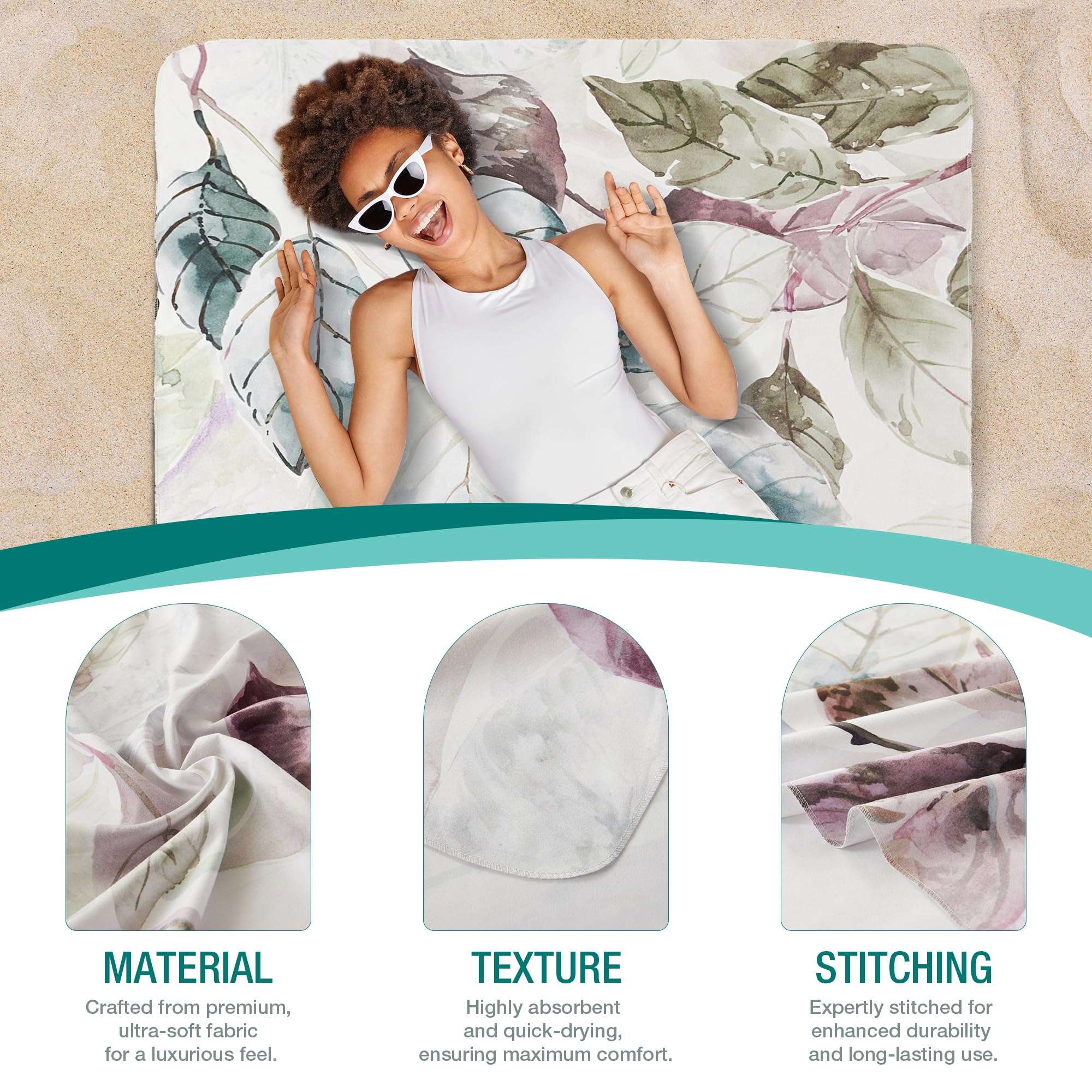 HYSEAS Lightweight Ultra-Thin Beach Towel Blanket, Oversized for Adult 78"X35" - Sand Free, Quick Dry, Perfect for Swimming, Beach, Yoga, Travel, Camping, Essential Beach Accessory & Vacation, Leaves 3