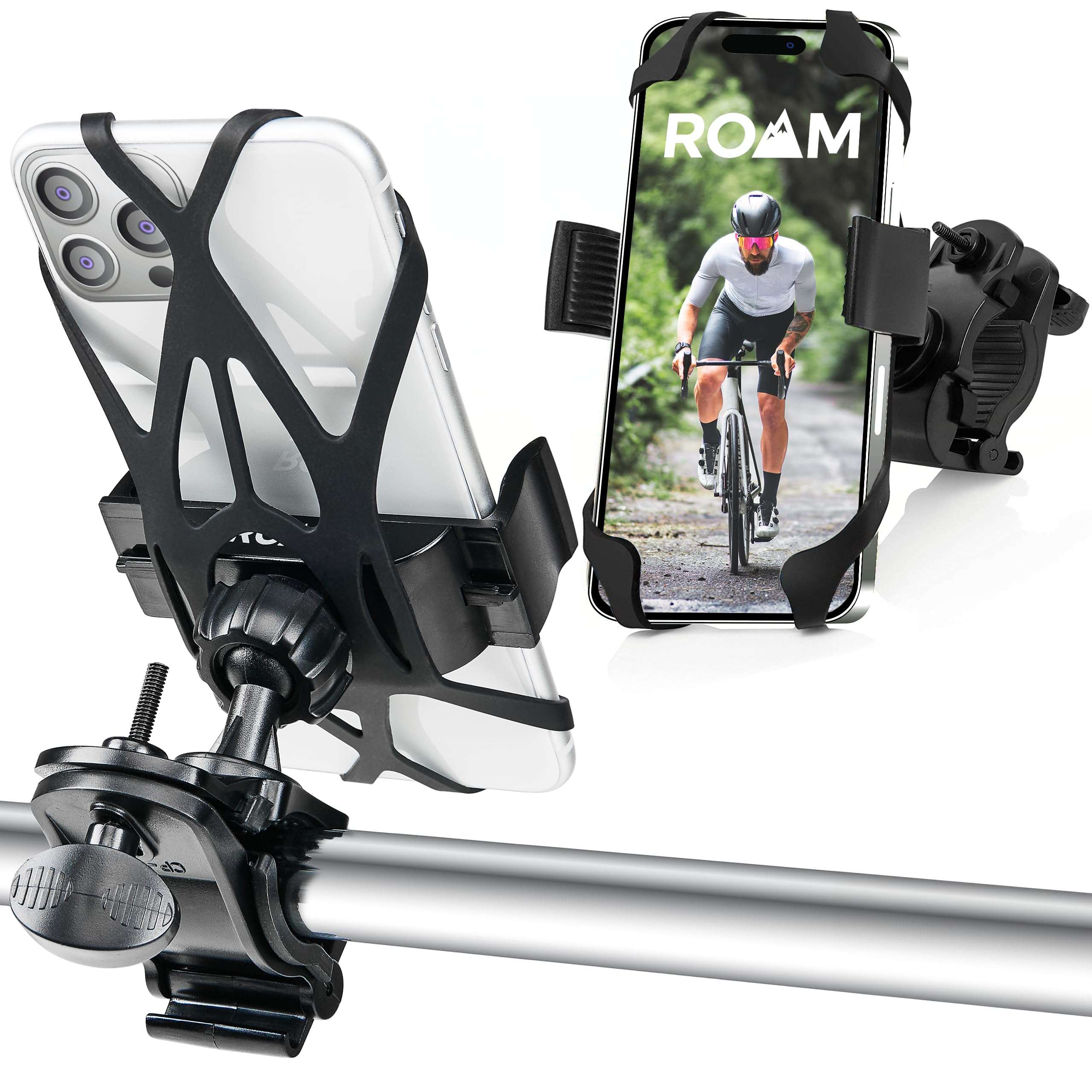 Roam Universal Black Net Bike Phone Mount Holder, 360° Rotation Hands Free Cell Navigation System for Motorcycle eBike Dirt Road Cruiser Scooter Jogging Stroller, Adjustable Up to 3.6" W x 7" L