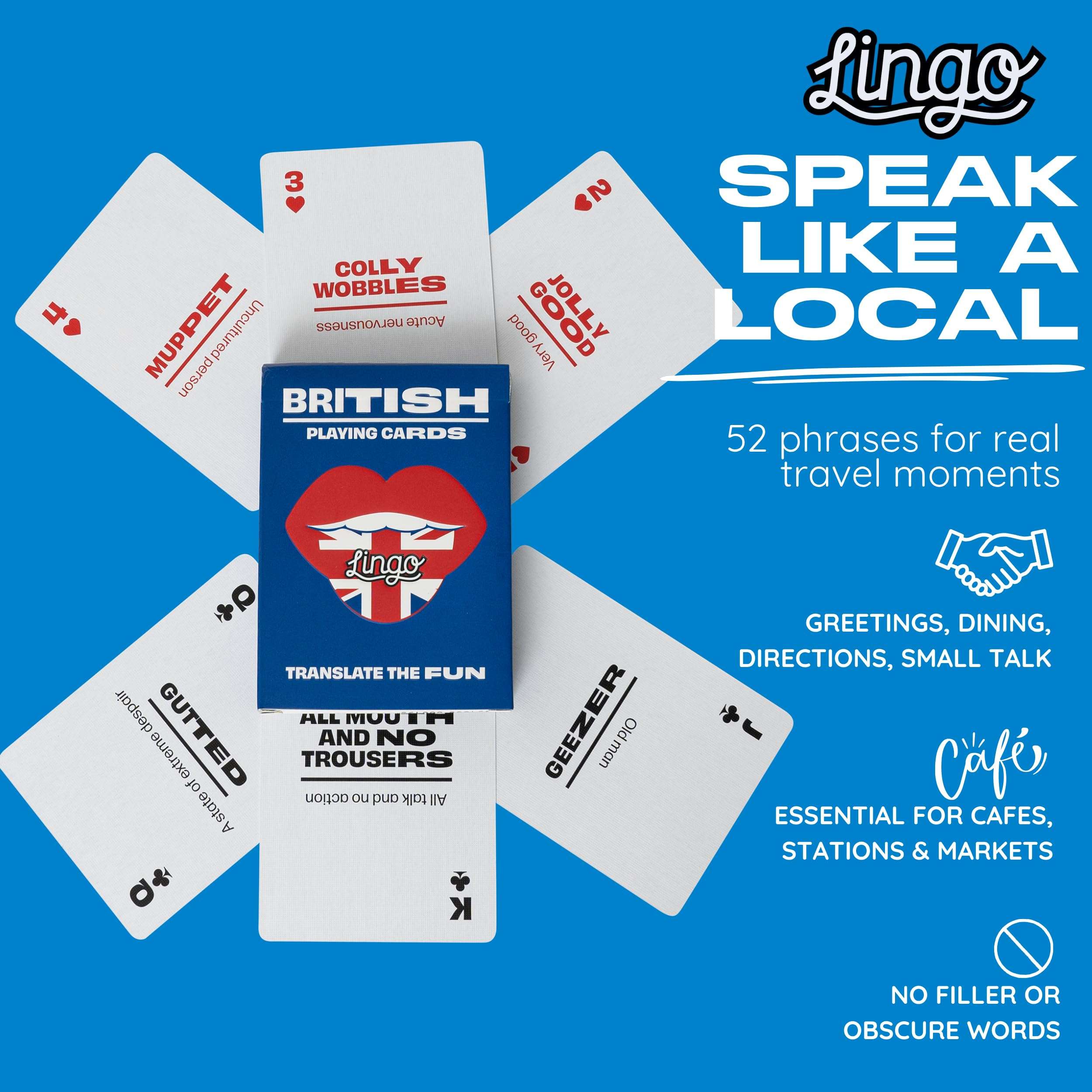 Lingo British Slang Playing Cards in Wayfarer Tin Box | Travel Flashcards | Learn British Vocabulary in A Fun & Easy Way | 52 Essential Translations 5
