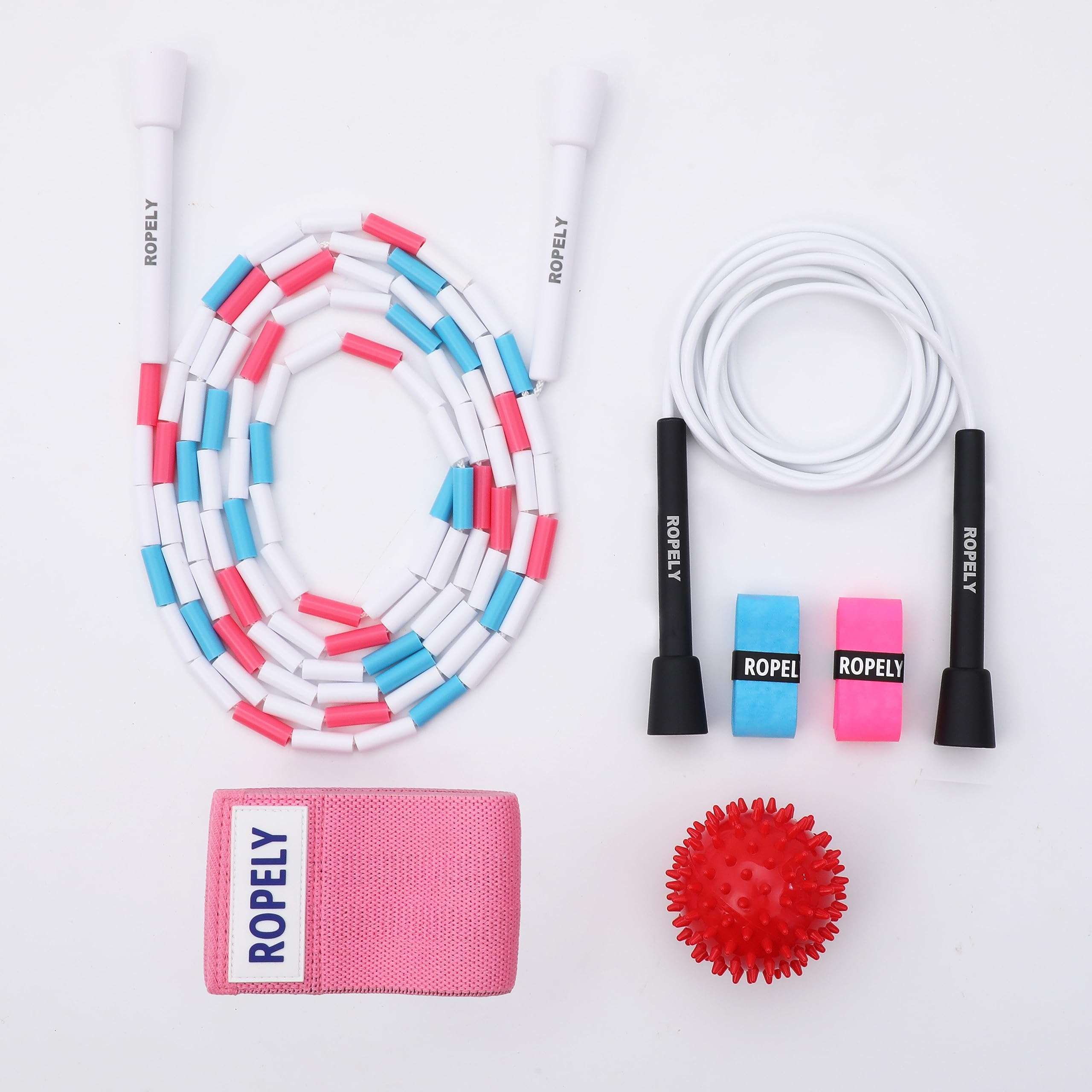 Ropely Skipping Rope 6-in-1 Set Beginner Friendly Kit with Tangle Free Segmented Beaded Rope, PVC Rope, Massage Ball, Resistance Band, and Handle Tape Ideal for Cardio Fitness, Adjustable Length 1