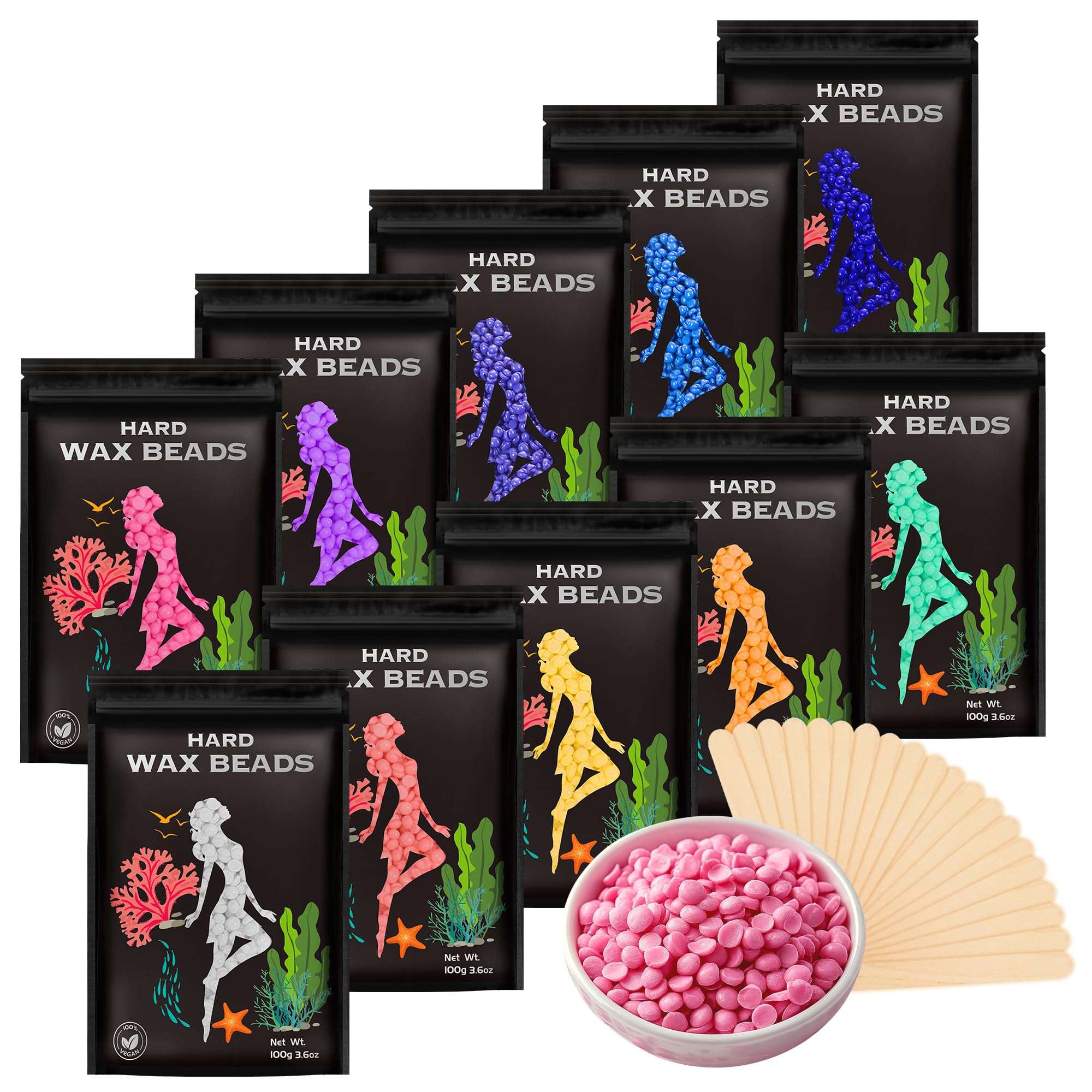 Hair Removal Wax Beads 2.2lb (1000g), Hard Wax Beads for Whole Body, Painless Hair Removal Wax Bead Set for Women and Men, 10 Flavours, Contains 20 Wax Sticks 1